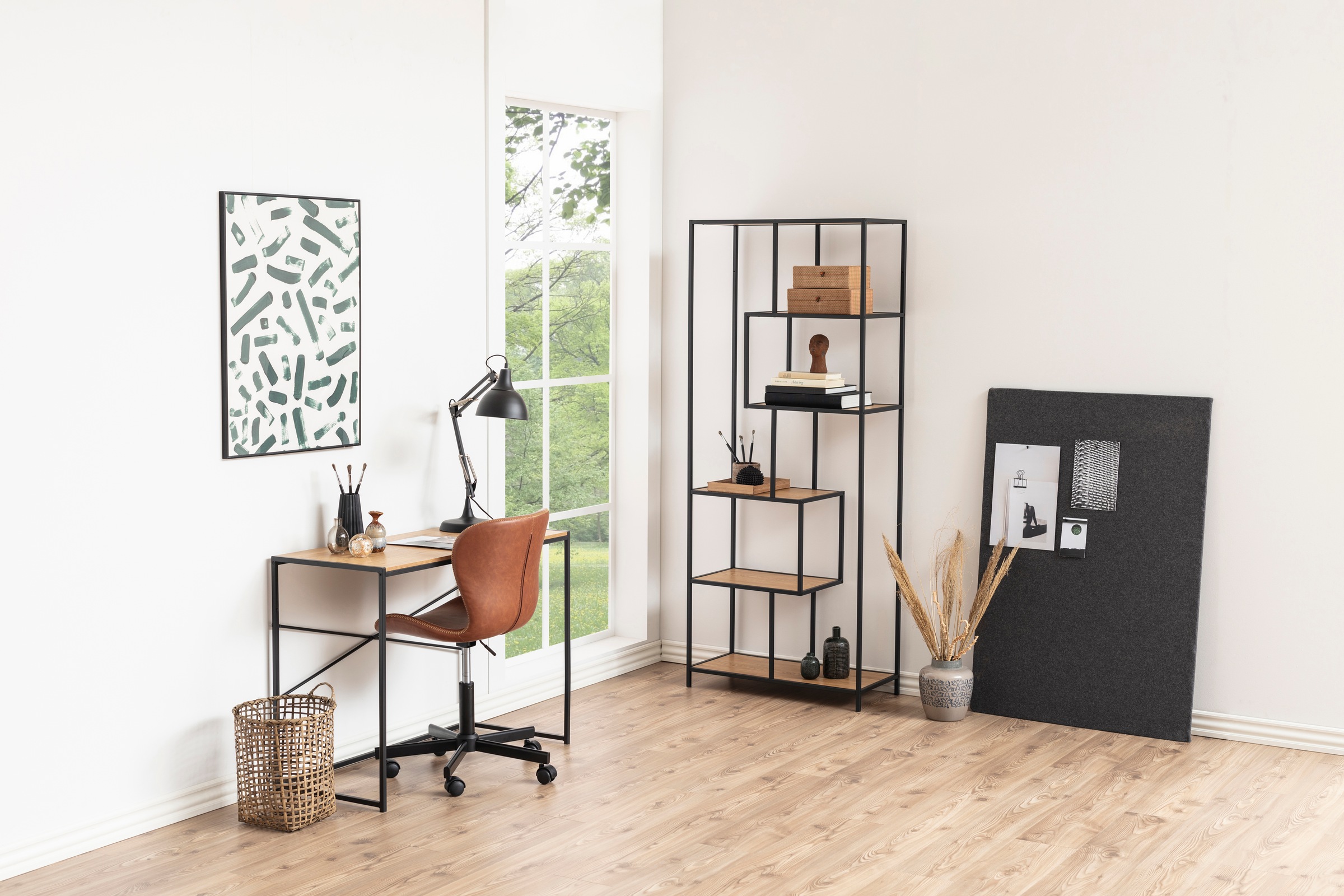 Seaford Tall Black Metal Bookcase with 5 Oak Shelves, none