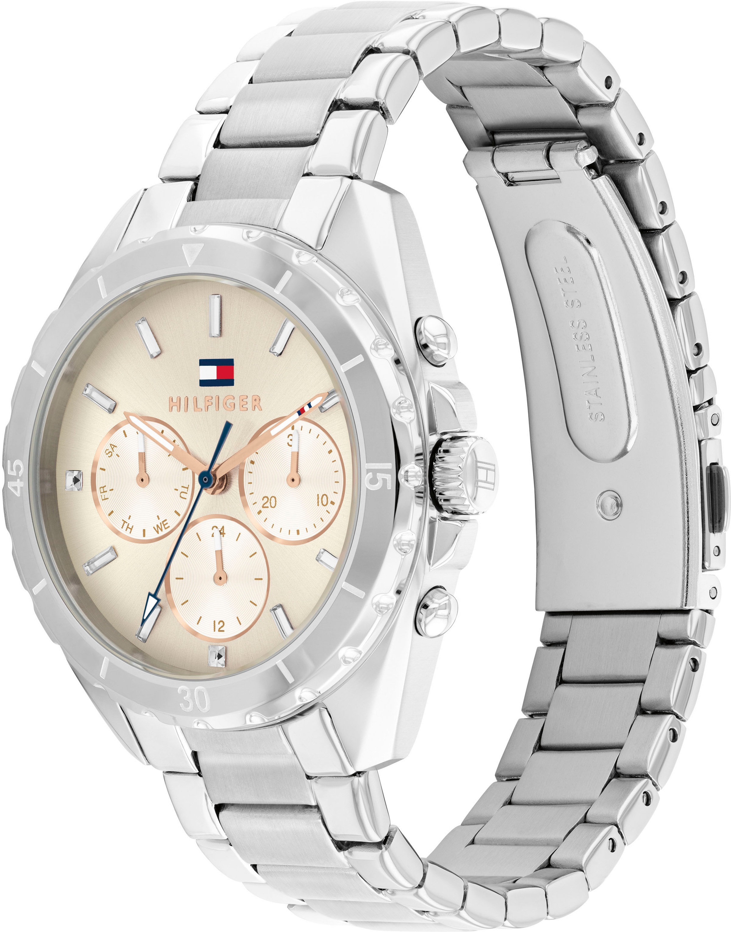 Tommy Hilfiger Multifunktionsuhr »MELLIE«, Quarzuhr, Armbanduhr, Damenuhr, Edelstahlarmband, analog, Glassteine