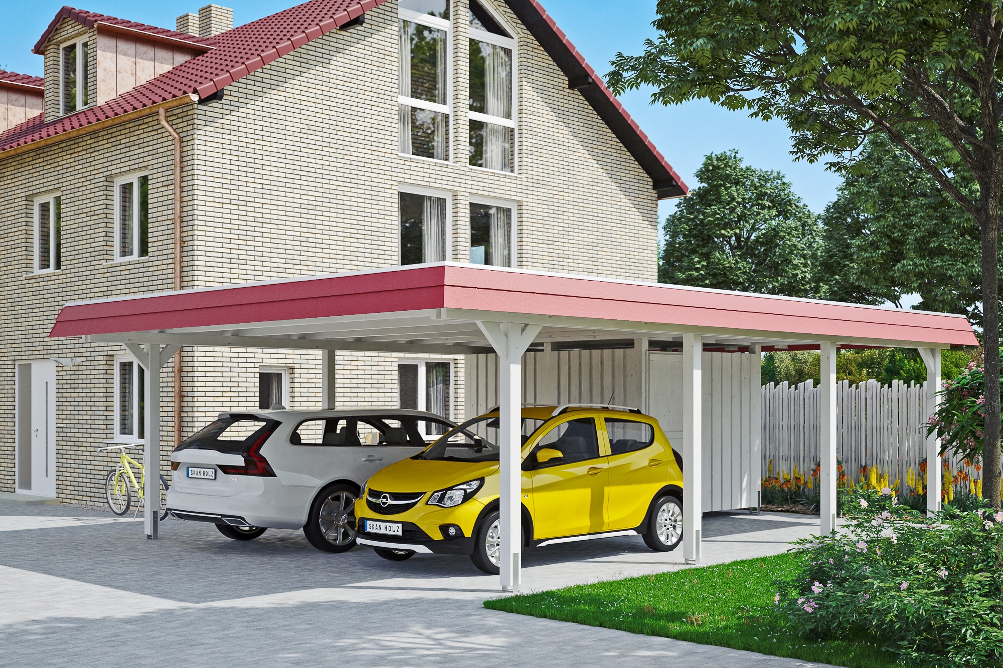 Skanholz Doppelcarport »Wendland«, Leimholz-Fichte, 550 cm, Weiß, mit Abstellraum mit EPDM-Dach, rote Blende