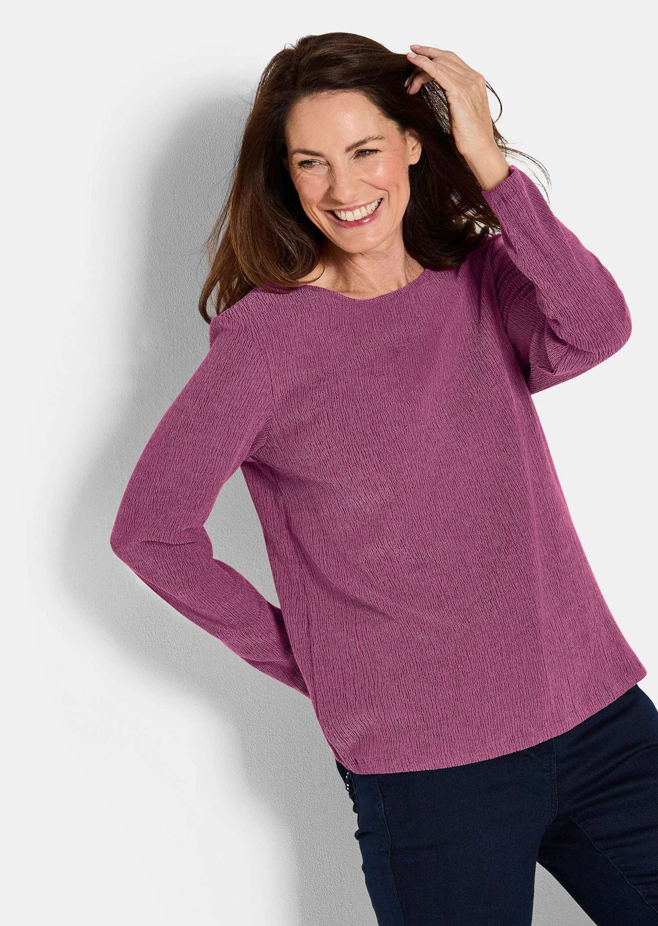 Langarmshirt GOLDNER "Langarm Melange Jersey-Oberteil", Damen, Gr. 50, pink (beere), Obermaterial: 76% Polyester PES. 20% Viskose CV. 4% Elasthan EL., Modisch, Shirts Langarmshirt, U-Boot-Ausschnitt 2