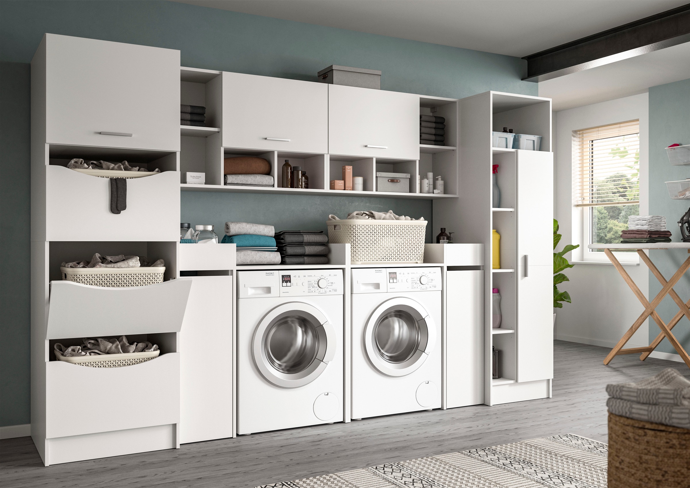 welltime Badmöbel-Set »FALAS, TOPSELLER!, 8-teilig, Hauswirtschaftsraum Set, Breite 300 cm«, (Set, 8 St., Wäscheschrank, Hängeschrank,Standregal, Umbauschrank, Mehrzweckschrank), Kombination, Waschmaschinenumbau, Waschmaschinenschrank, Wäschekammer