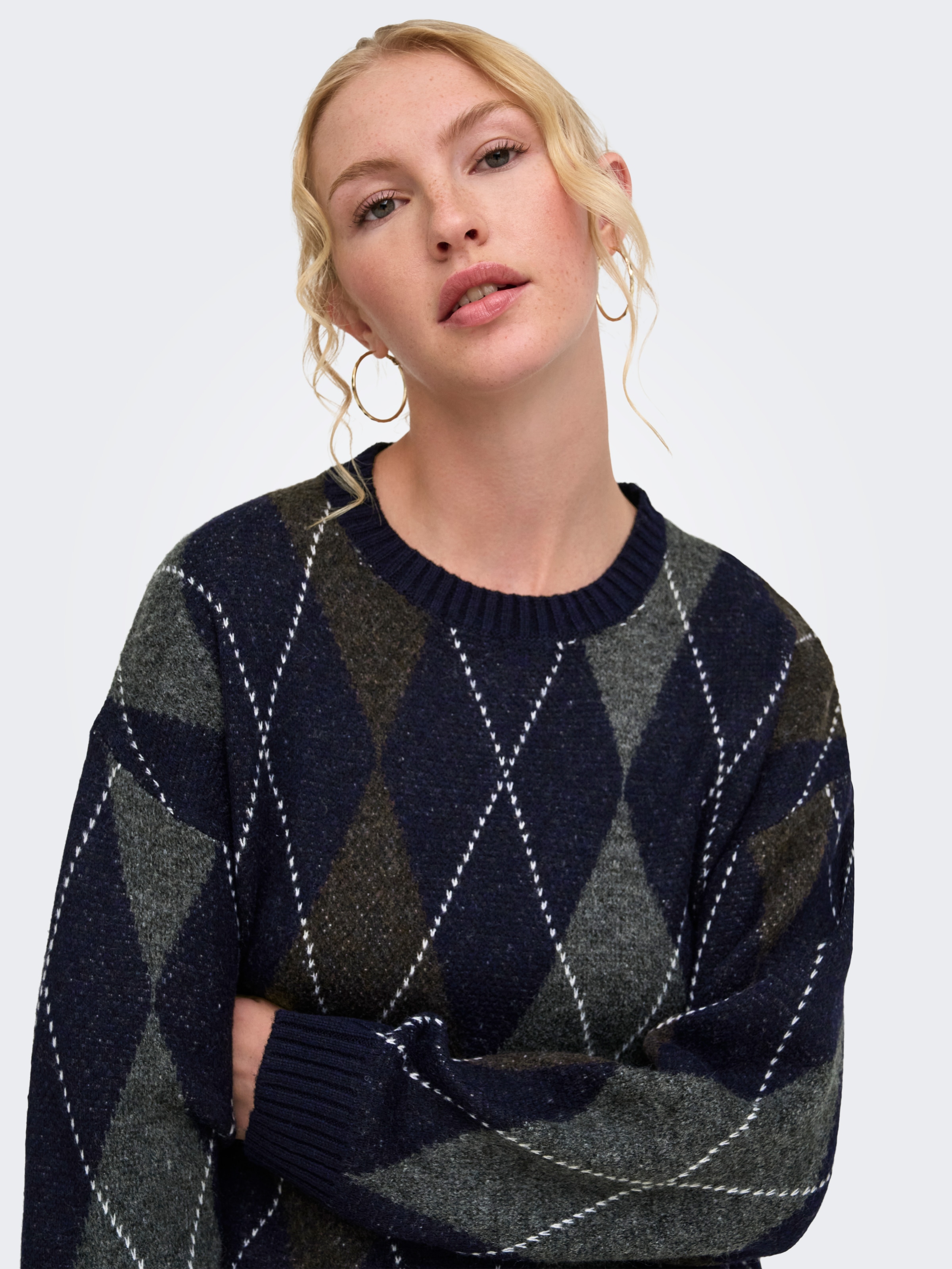 ONLY Strickpullover »ONLRHOMBUS HARLEQUIN PULLOVER KNT NOOS« Materialmix mit Wolle und Stretch