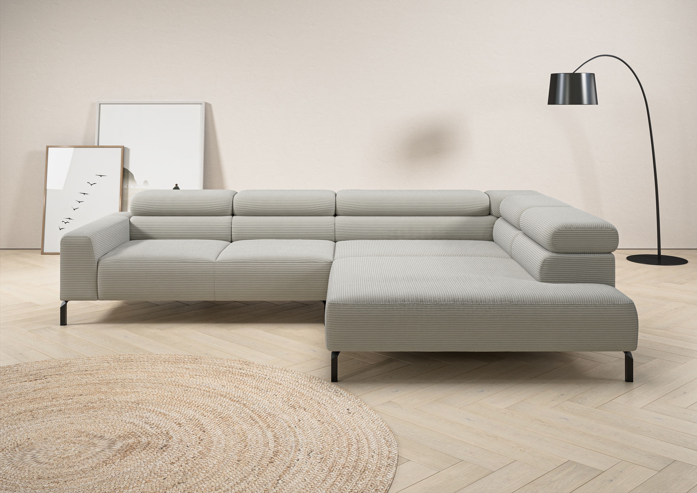 Home affaire Ecksofa "Antonelli, L-Form, incl. Kopfteilverstellung, Breite 312 cm" ohne Sitztiefenverstellung, in Cord, hellgrau