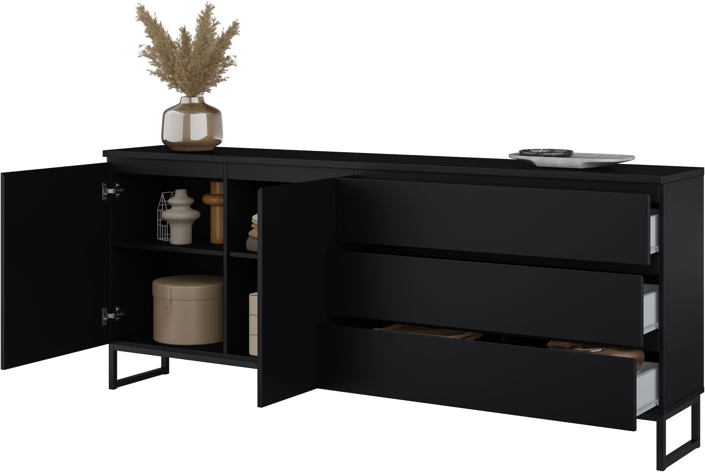 OTTO home Sideboard »Modo II, Breite 200 cm, moderne grifflose Kommode 2Türen/3 SK« Schubladenkommode viel Stauraum, Einlegeböden verstellbar, Metallkufen