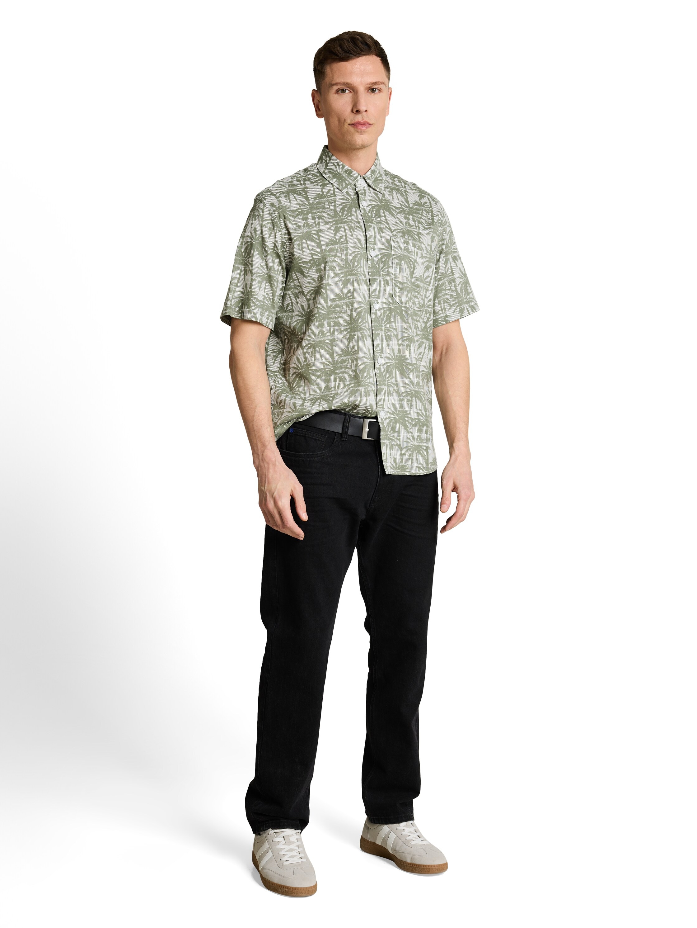 TOM TAILOR Denim Kurzarmshirt Sommerhemd mit Palmen-Alloverprint