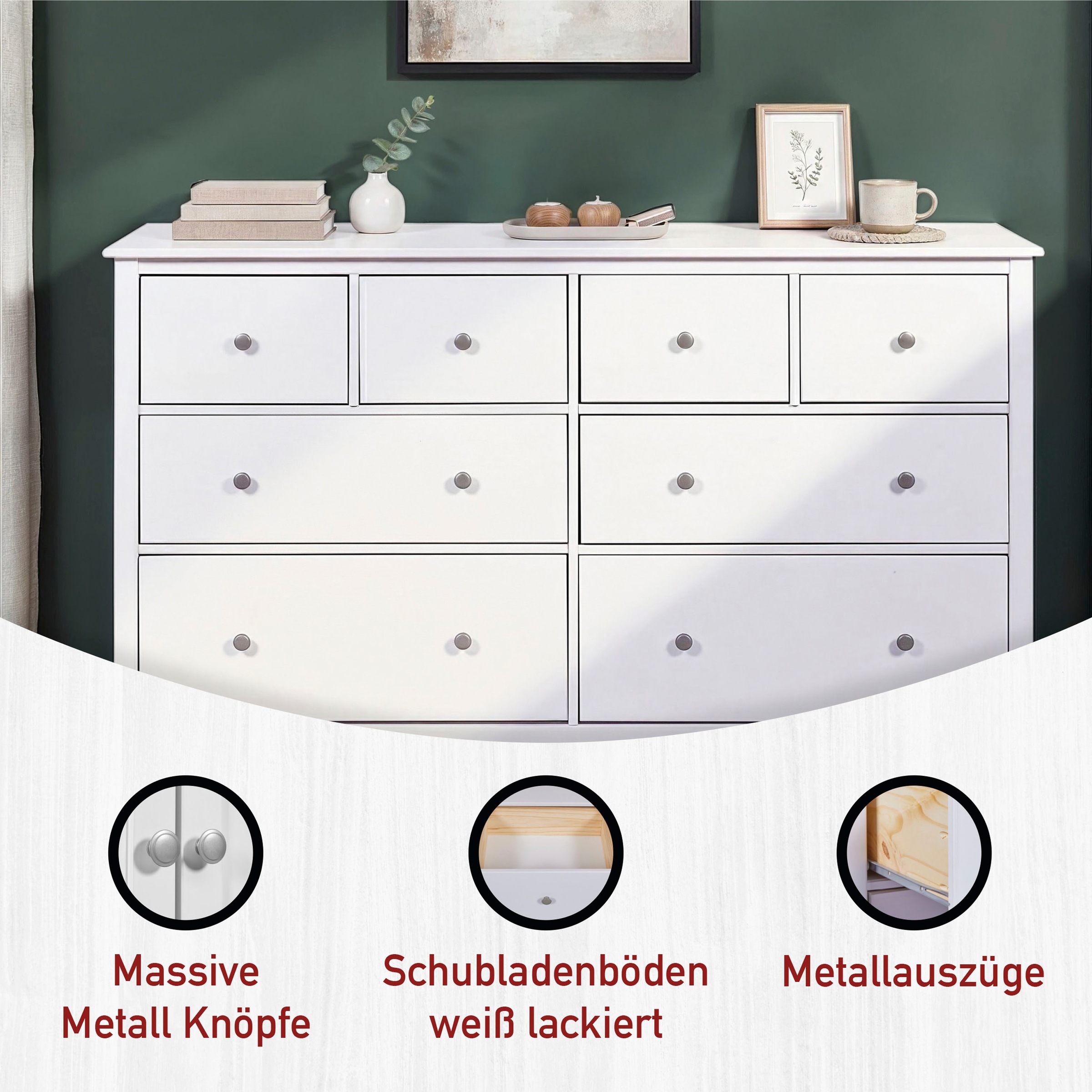Inter Link Buffet »Pinora, Vitrine Kiefer Massivholz, Küchenschrank Weiss lackiert« 1 Stk. tlg. Geschirrschrank im Skandi Look, viel Stauraum, 160 x 39,50 x 197 cm