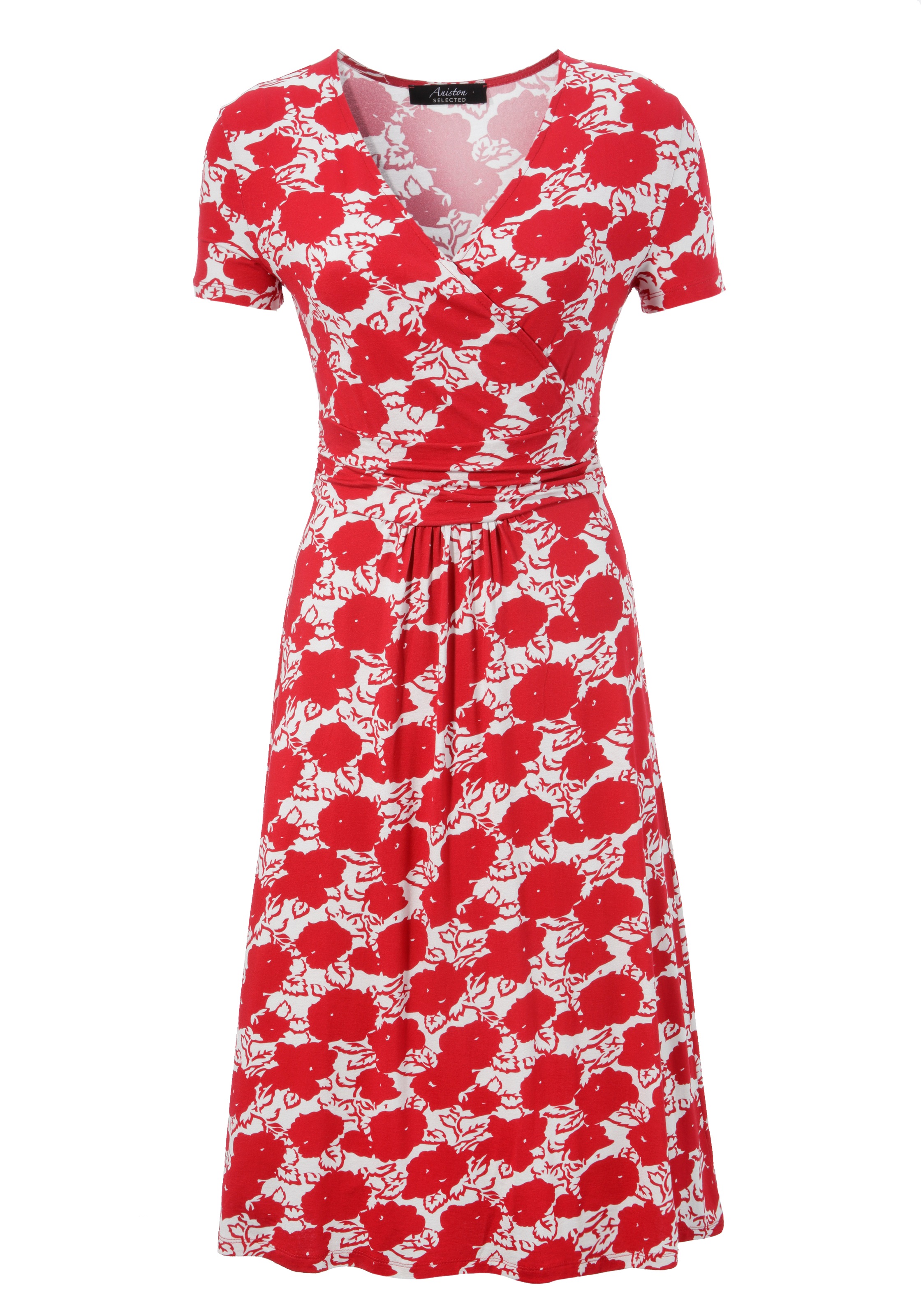 Sommerkleid ANISTON SELECTED, Damen, Gr. 38, N-Gr, rot (rot, weiß), Jersey, Obermaterial: 92% Viskose, 8% Elasthan, bedruckt, geblümt, figurbetont knieumspielend, V-Ausschnitt, Kleider Sommerkleid, mit gewickeltem Ausschnitt 3