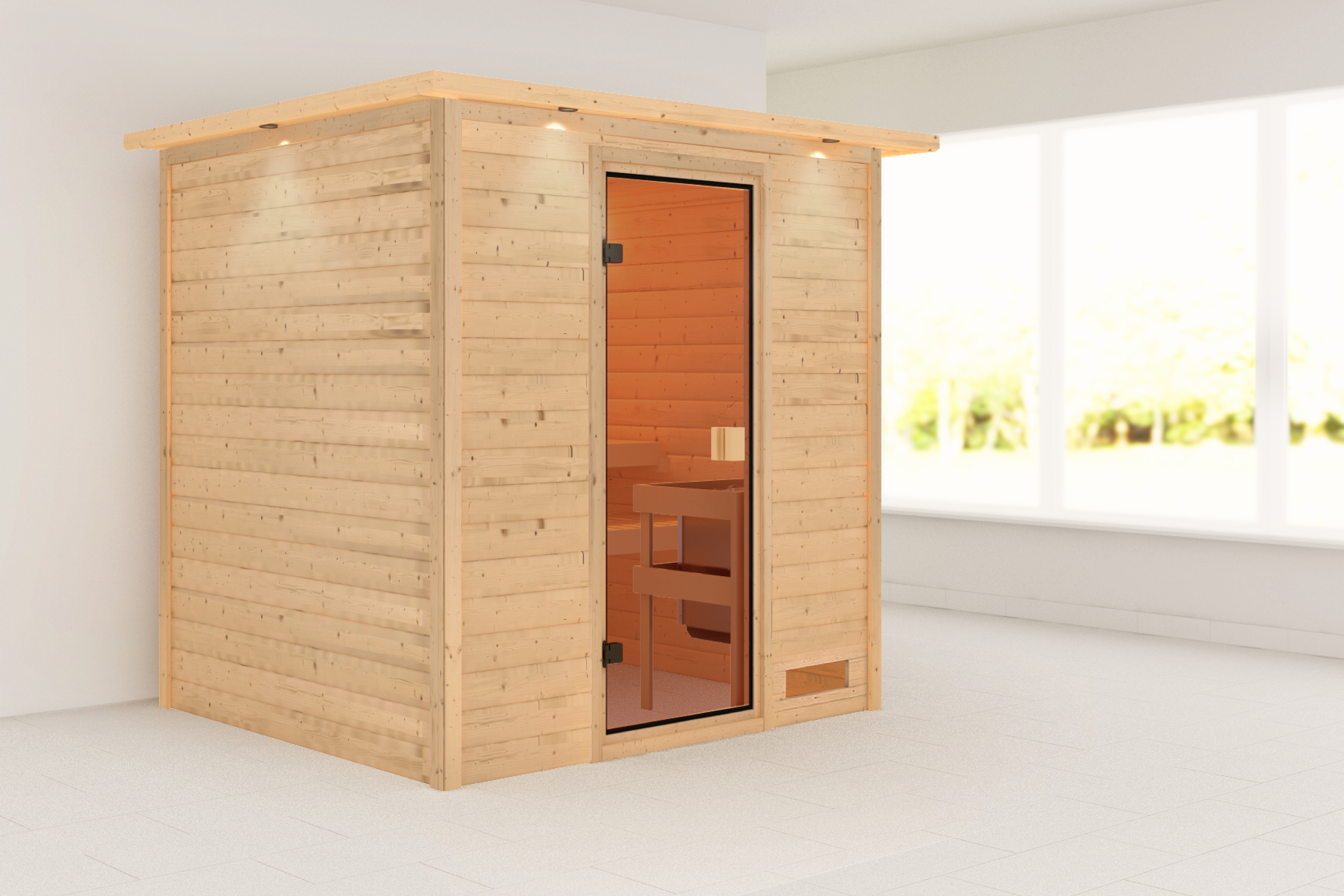 Karibu Sauna ""Ricky" mit bronzierter Tür und Kranz, naturbelassen" aus hochwertiger nordischer Fichte. 9 kW Ofen und integr. Steuerung