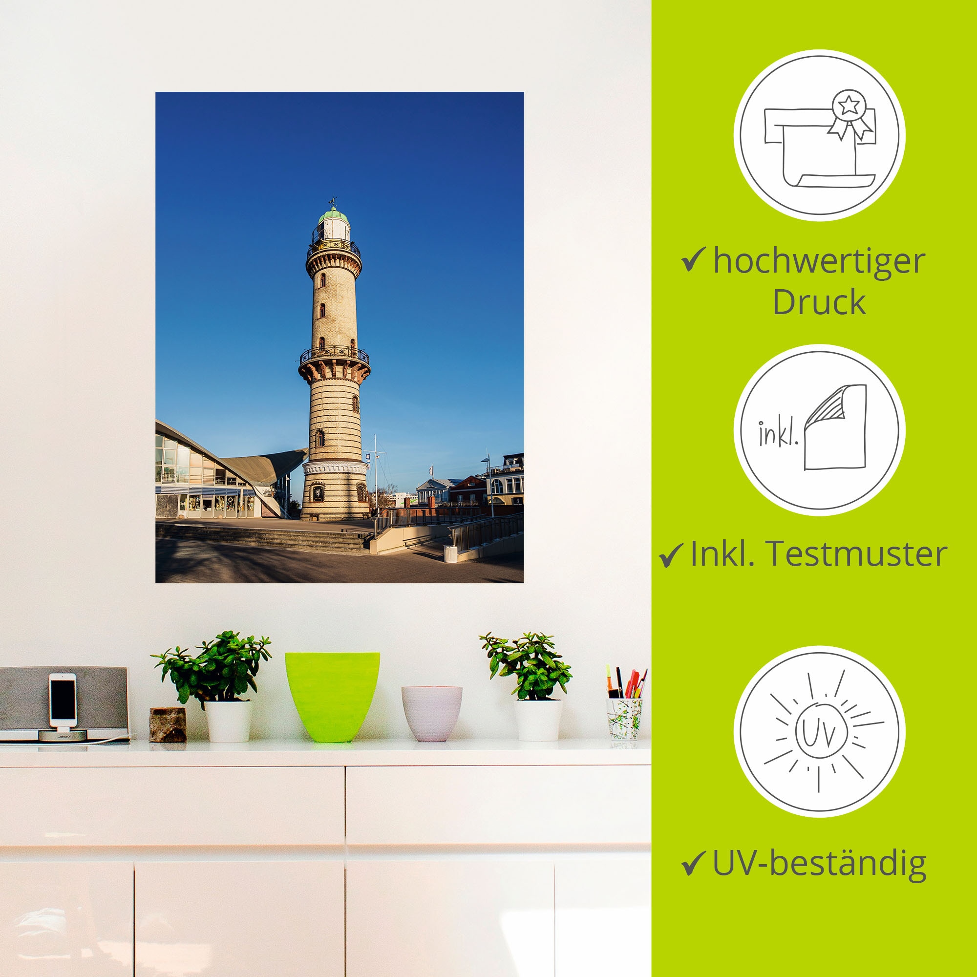Artland Wandbild »Leuchtturm mit Teepott in Warnemünde«, Gebäude, (1 St.),  als Alubild, Leinwandbild, Wandaufkleber oder Poster in versch. Größen  bestellen | BAUR
