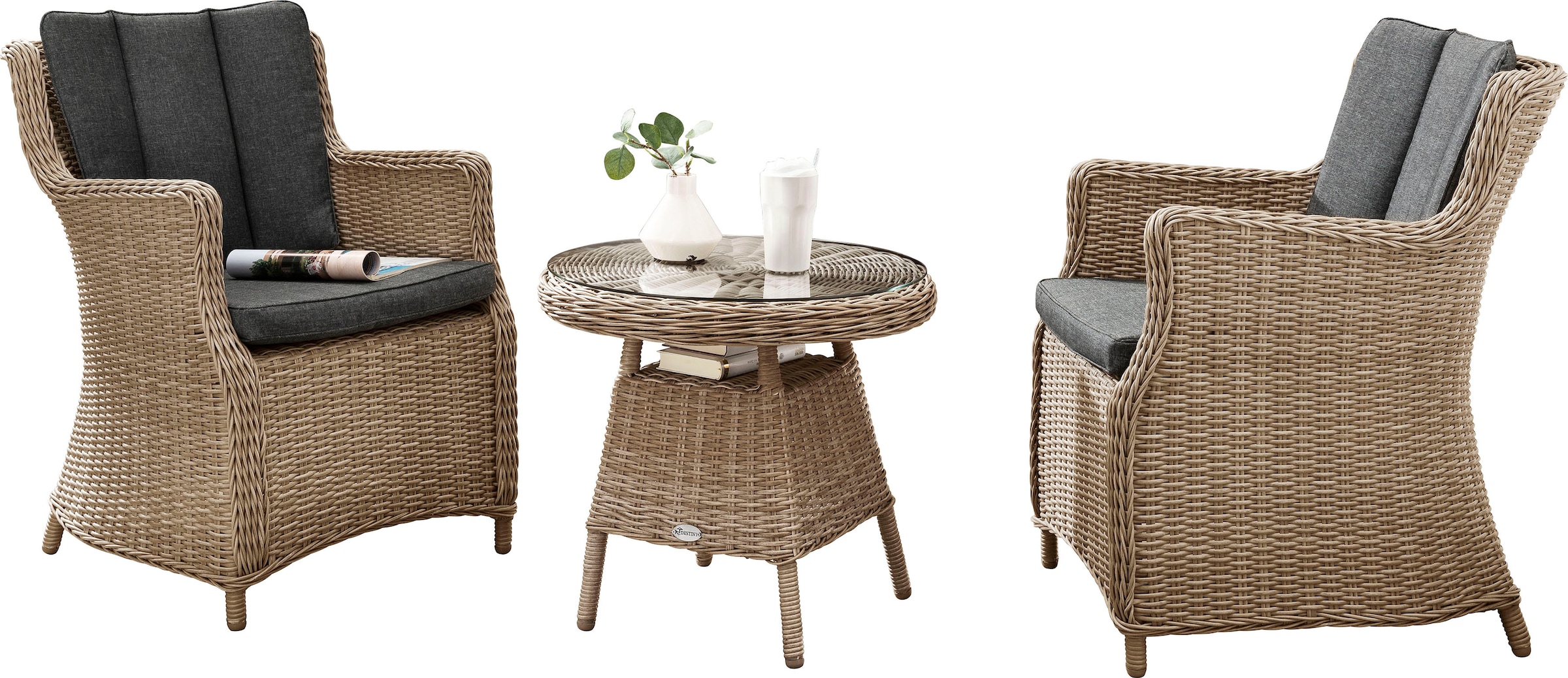 Destiny Balkonset »LUNA MALAGA«, (Set, 7 tlg.), Polyrattan, 2 Sessel + Kaffeetisch Ø 60x55 cm, + Auflagen grau