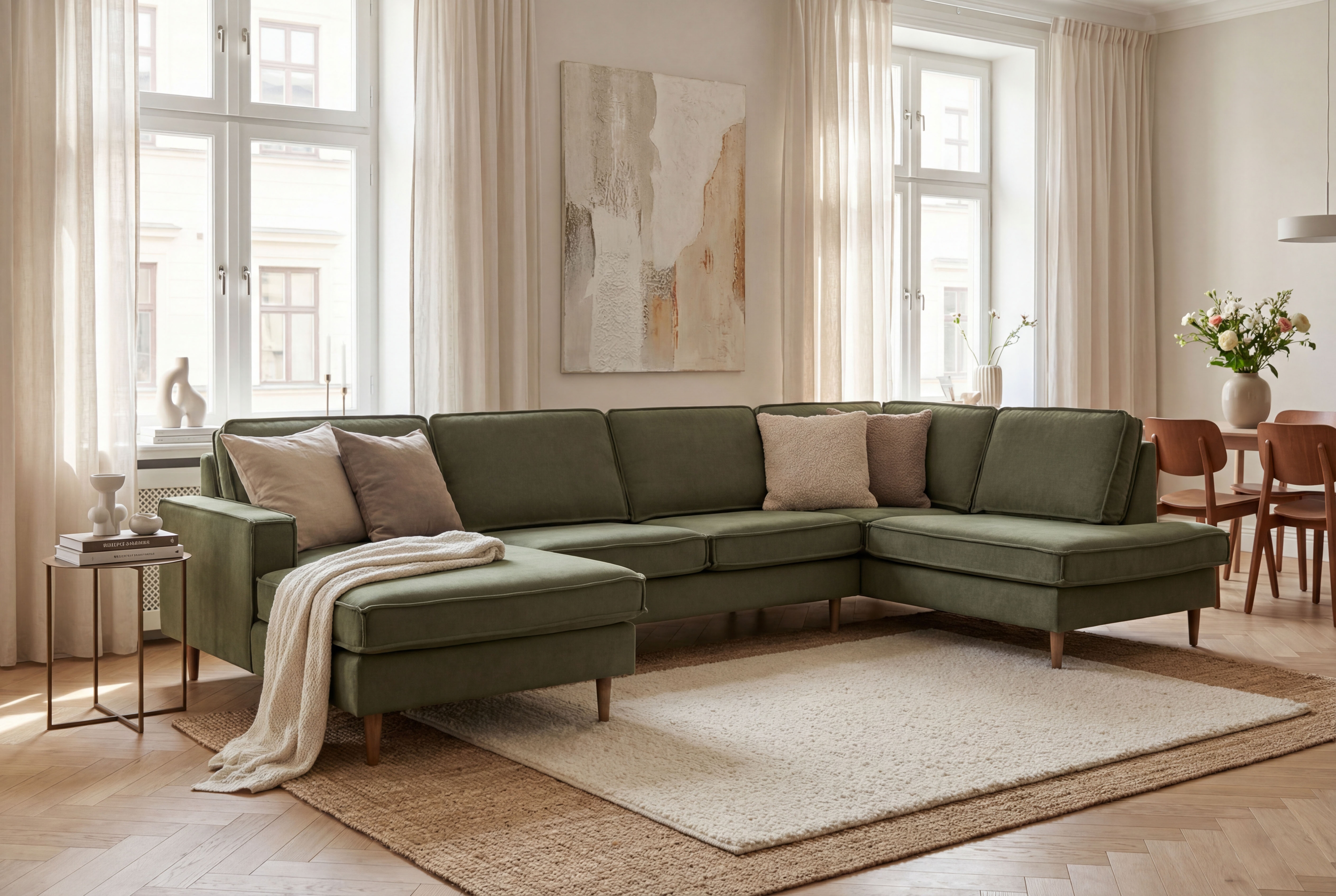OTTO home Wohnlandschaft "Pinto Skandi, 350 cm, U-Form, XXL, mit Ottomanen" mit Keder, Massivholzfüße Eiche geräuchert, Wellenunterfederung