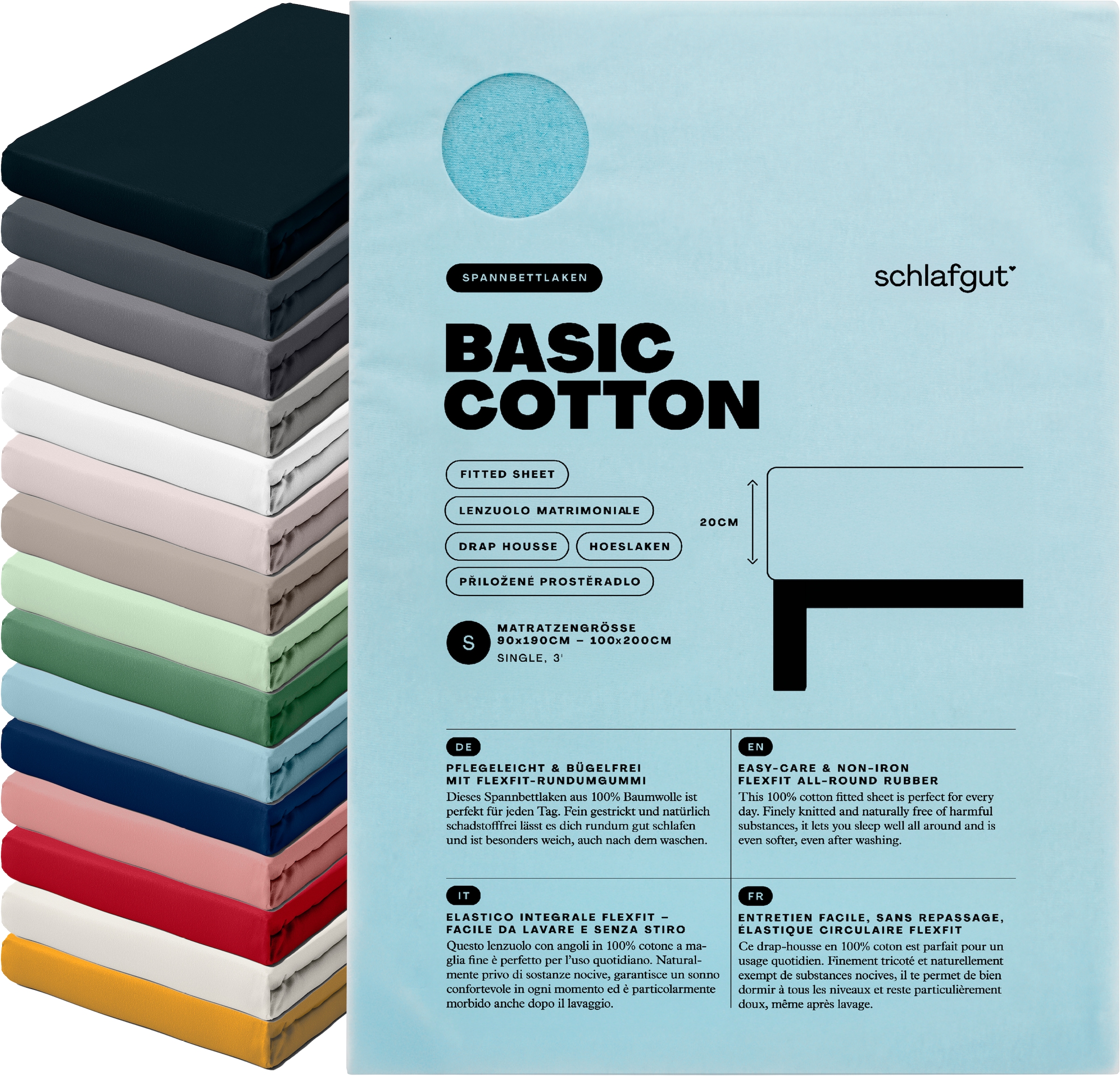Schlafgut Spannbettlaken »Basic Cotton Bettlaken, 160 g/m², 100% Baumwolle, Spannbetttuch« Spannbettlaken bis 20 cm Matratzenhöhe, bügelfrei und pflegeleicht