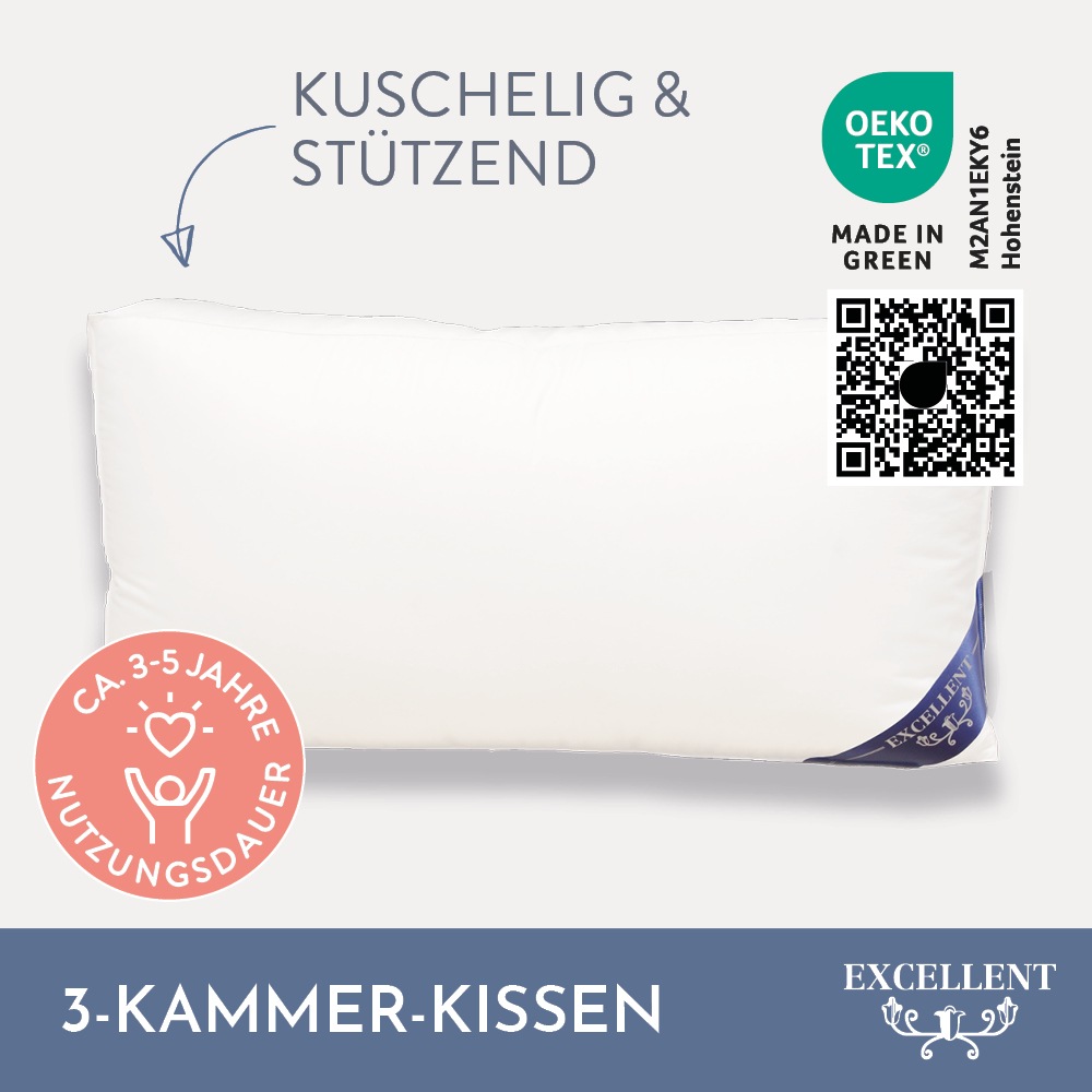 Excellent 3-Kammer-Kopfkissen "Florenz, Kopfkissen mit 10 cm hohen Außensteg" Füllung: 100% Gänsedaunen (Außenkammern); 100% Gänsefedern (Innenkern) 1 Stk. tlg.