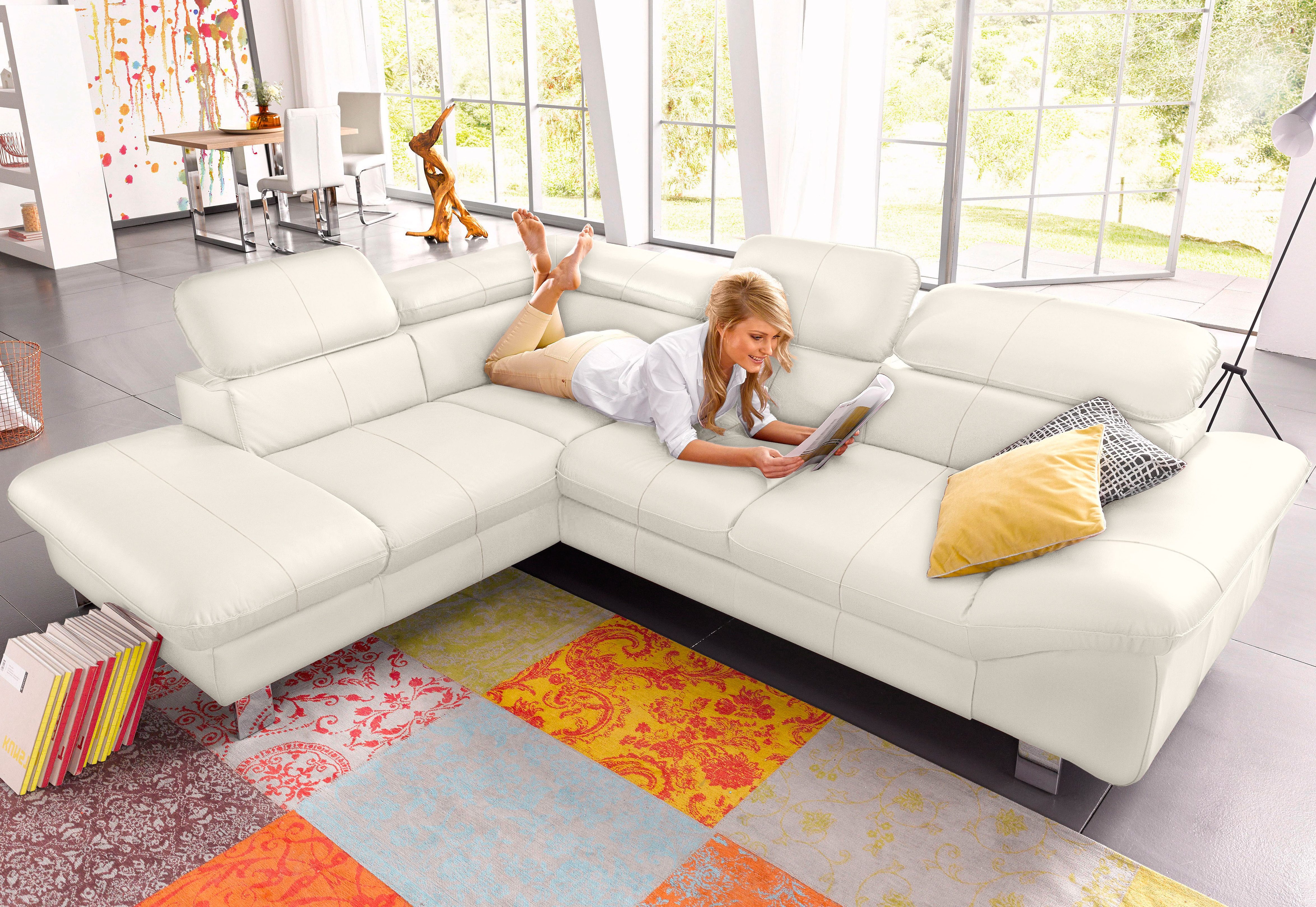 COTTA Ecksofa "Driver L-Form, B: 265 cm, moderne Couch mit Wellenunterfederung, Leder" inkl. 3x Kopfteilverstellung, optional mit Schlaffunktion + Stauraum
