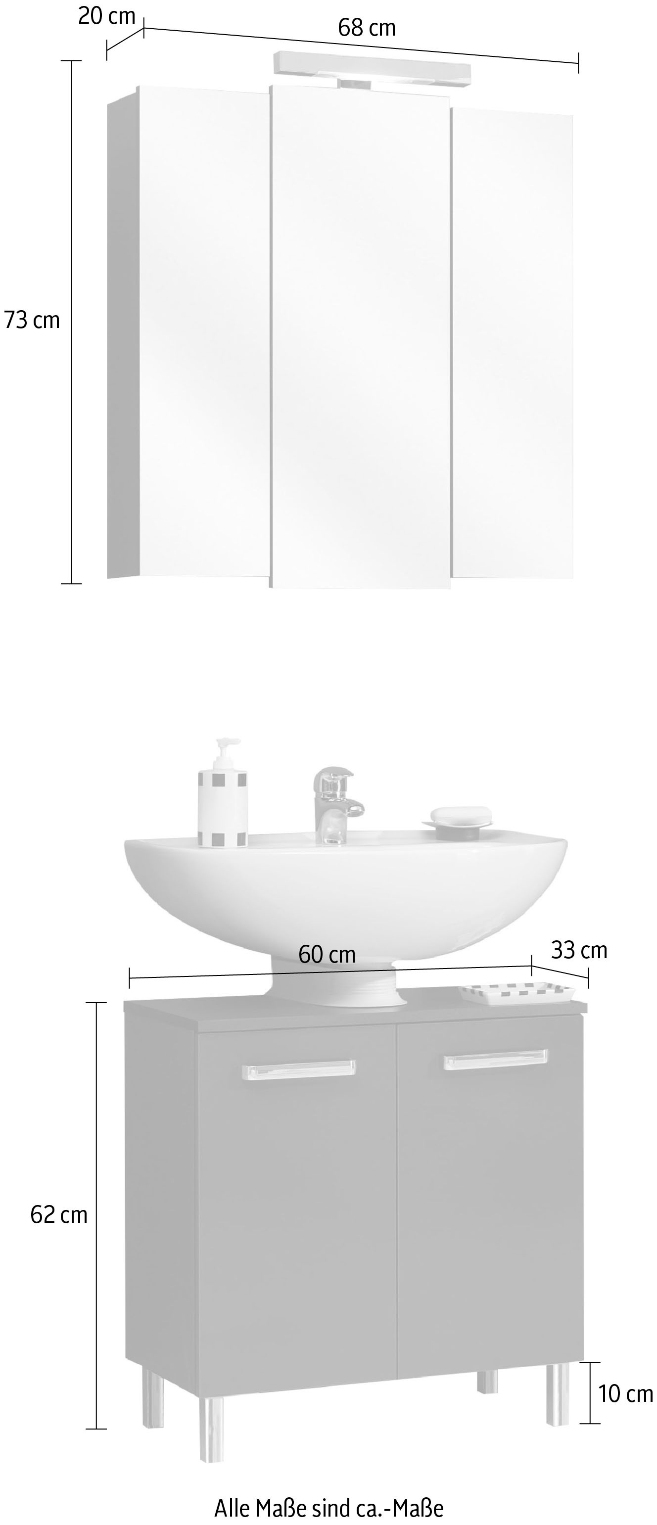 Saphir Badmöbel-Set »Quickset 2-teilig, Waschbeckenunterschrank mit LED-Spiegelschrank«, (2 St.), Waschplatz 68 cm breit, 5 Türen, inkl. Türdämpfer, Griffe Chrom Glanz