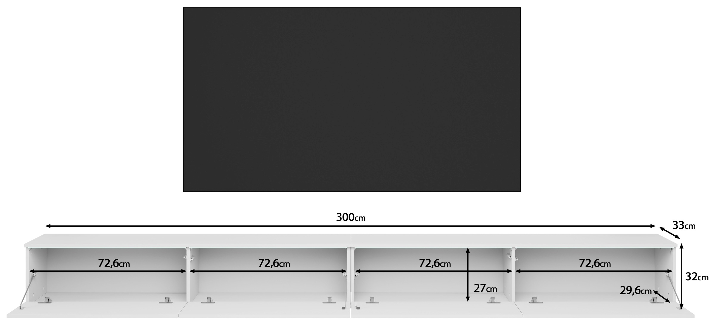 Home affaire Lowboard »Vera, TV-Schrank, Breite 300 cm, verschiedene Farbausführungen« 1 Stk. tlg. Mit LED, 4 Klappen, grifflose Fronten, hängend oder stehend