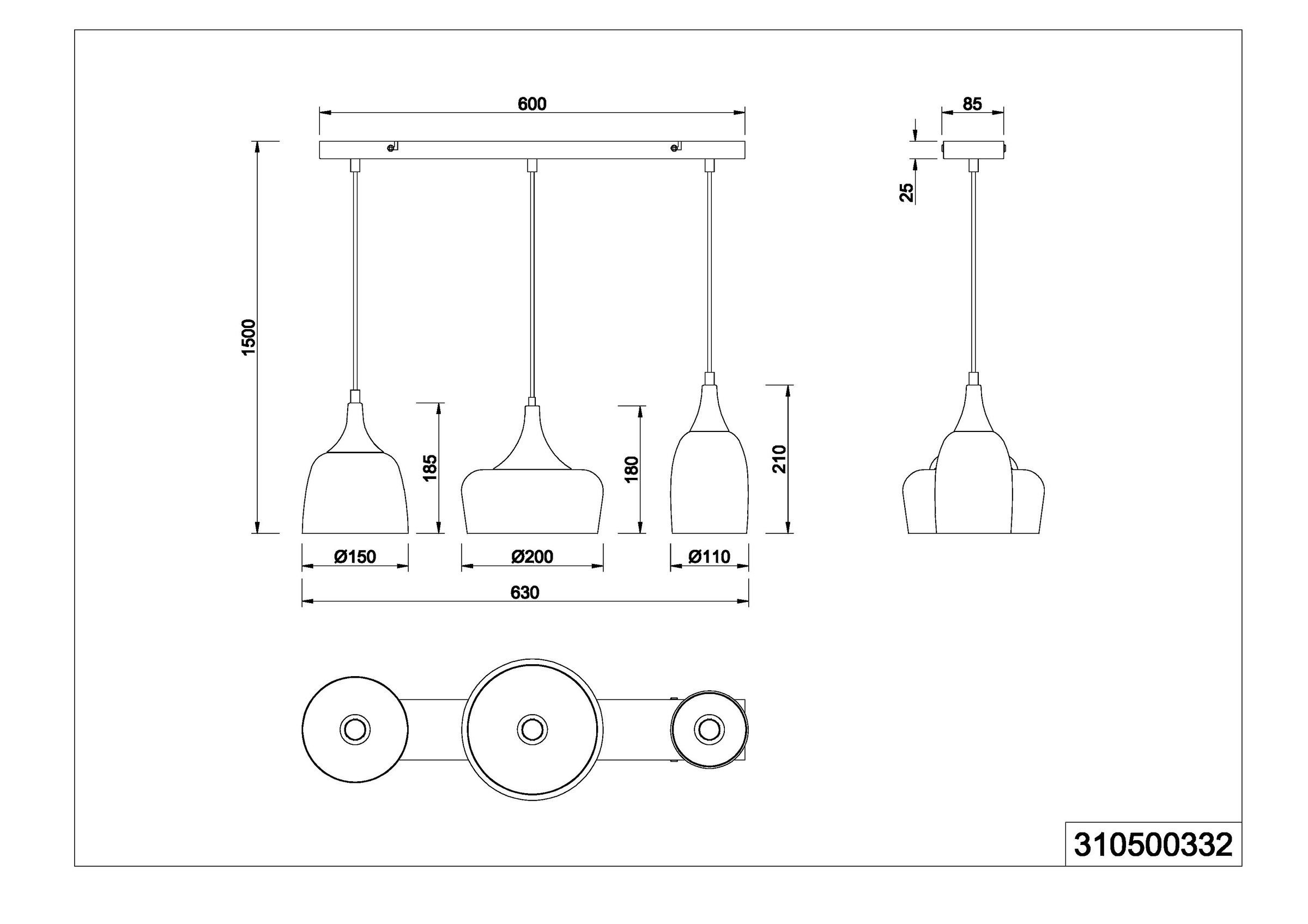 TRIO Leuchten Pendelleuchte »CHIRAZ, Hängeleuchte 3-flammig schwarz messing gold max 150cm Höhe« E14 1 Stk. warmweiß - kaltweiß Hängelampe exkl 3x E14 max 25W, Industrie Loft Stil 3 Schirmformen