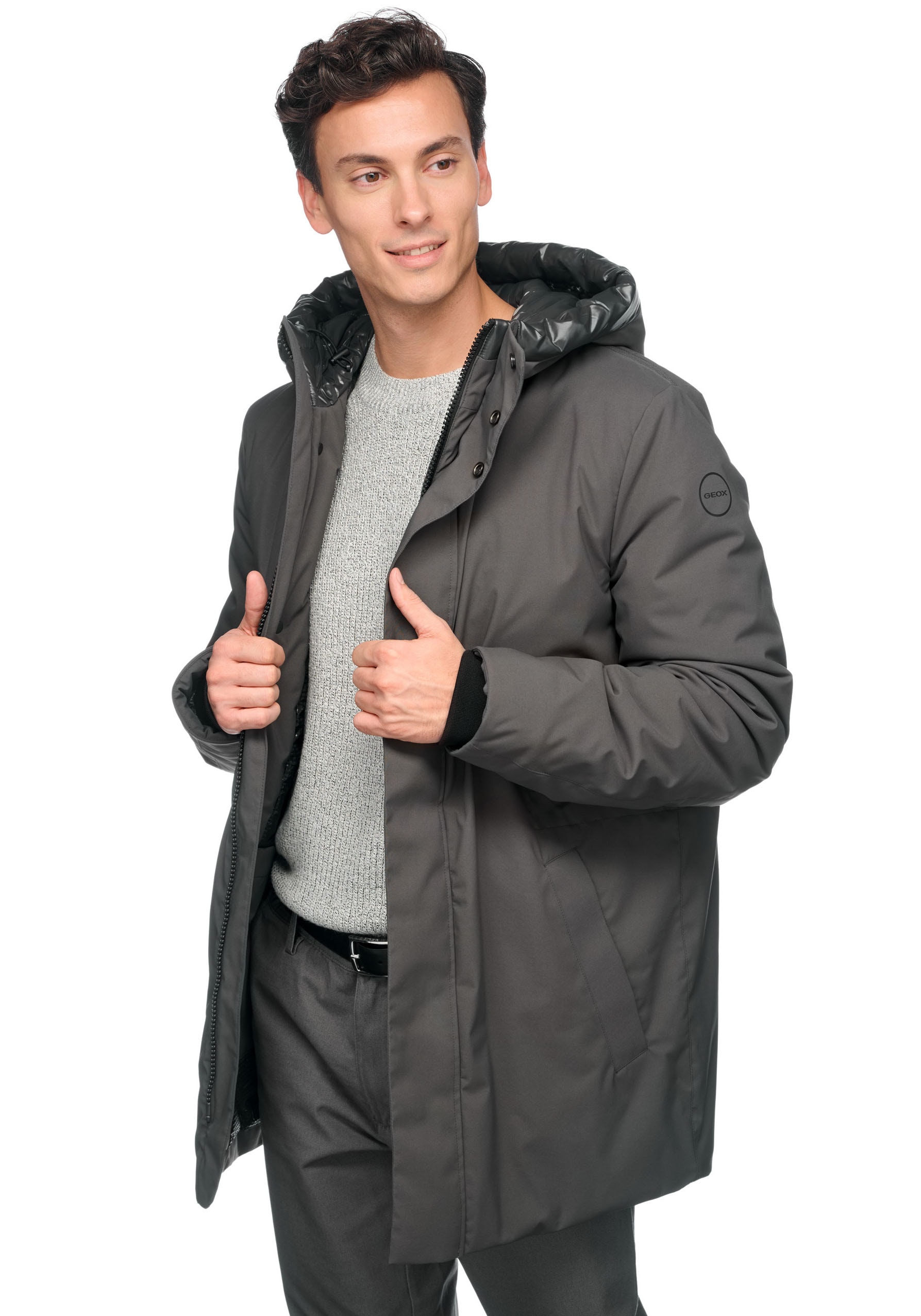 Geox Langjacke »SPHERICA«, mit Kapuze, mit verdecktem Reißverschluss & Druckern, Leistentaschen, Kapuze