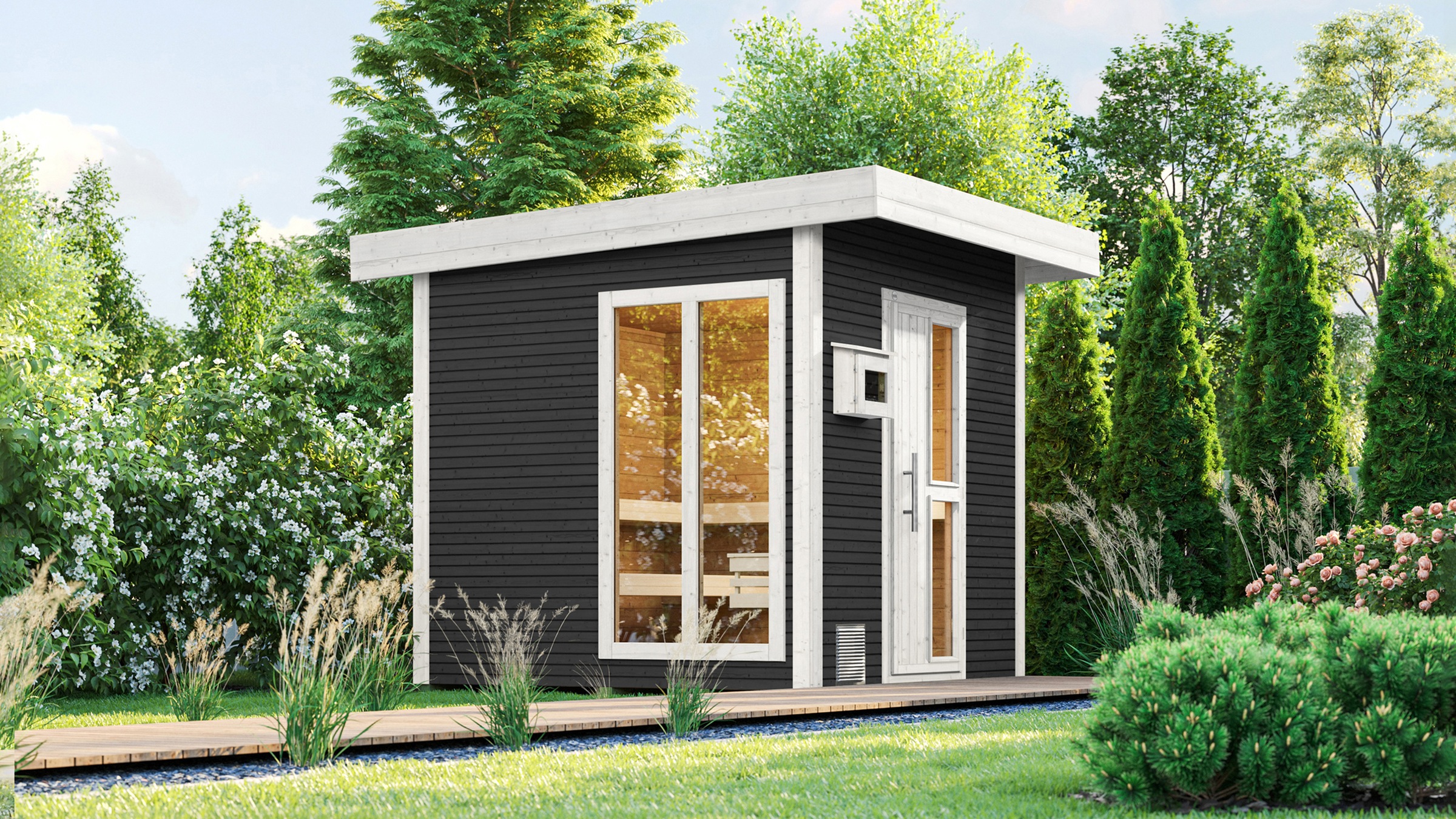 weka Saunahaus »Design-Saunahaus KUOPIO 2«, Blockbohlen im wekaLine-Profil, bodentiefes Fensterelement