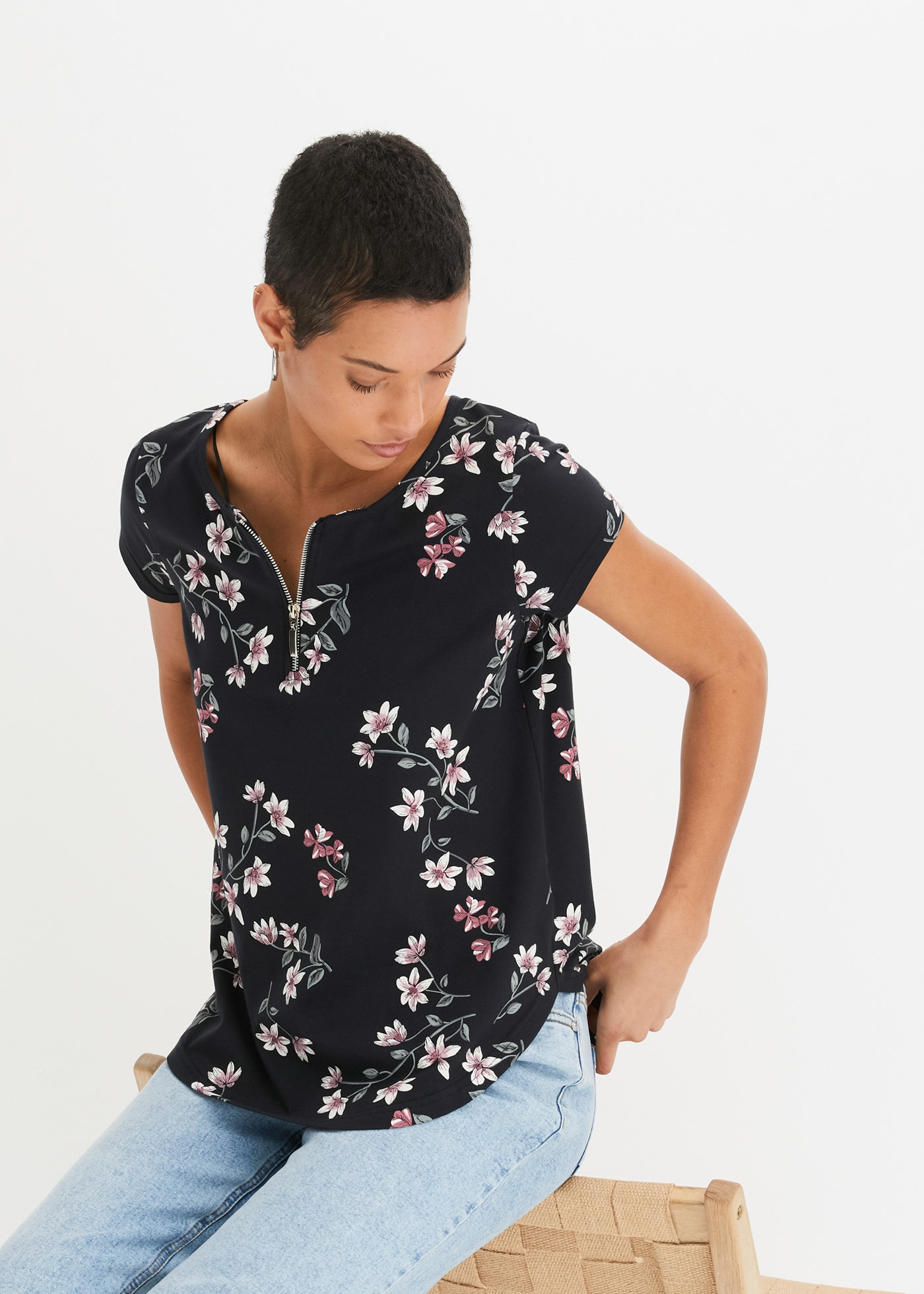 bonprix Blusenshirt Dezente Oversize Passform, mit kurzem Reißverschluss günstig online kaufen