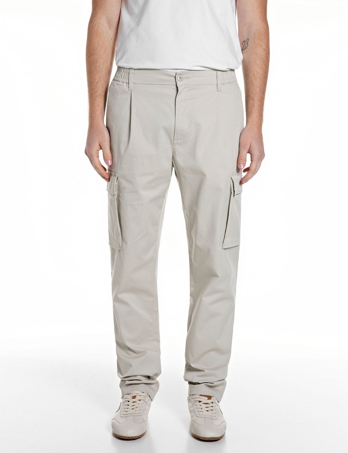 Chinohose REPLAY "Adhann", Herren, Gr. 31, Länge 32, bone, Twill, Obermaterial: 97% Baumwolle, 3% Elasthan, unifarben, lang, Hosen Chinohose, aus Twill mit Cargotaschen, Tapered Fit