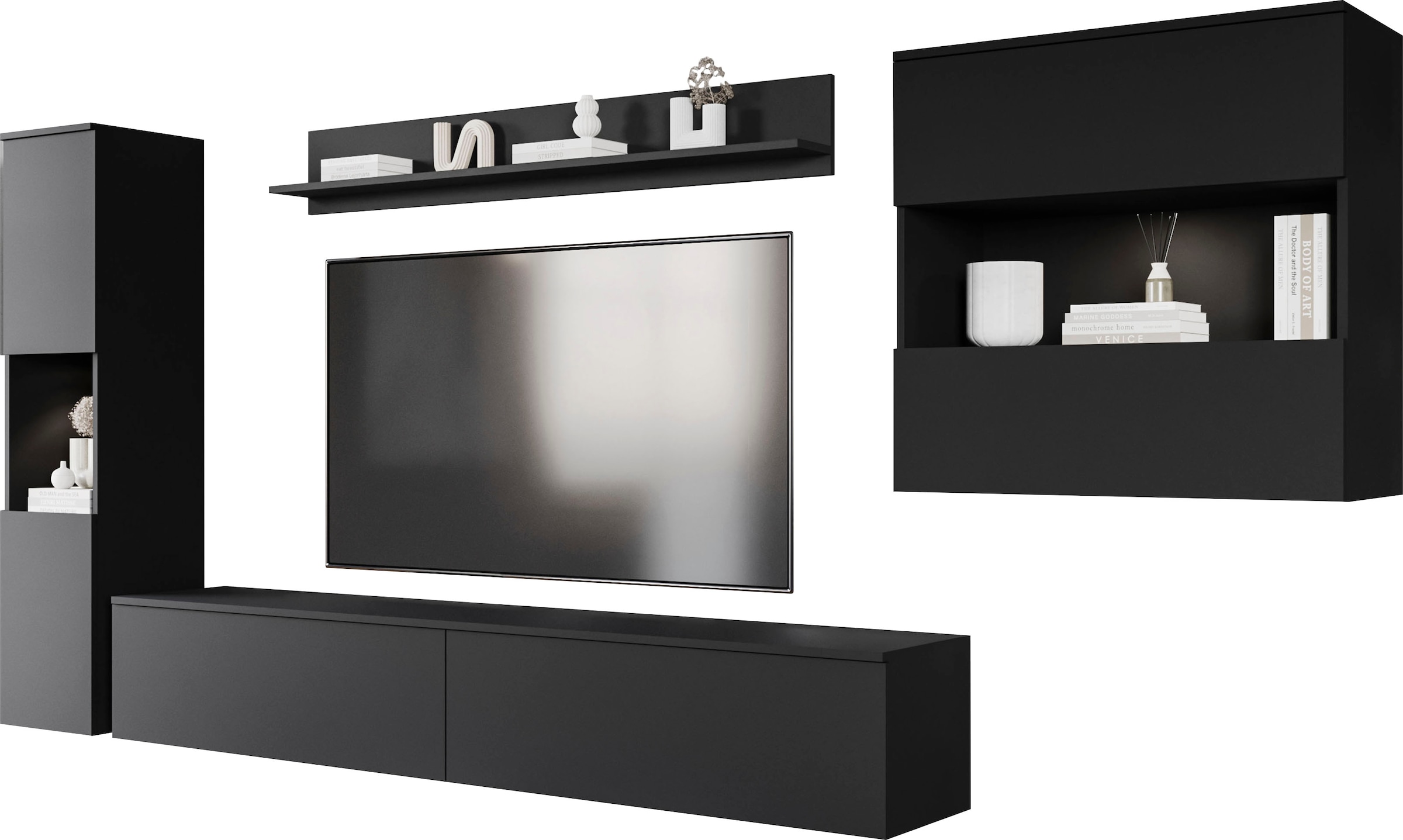 INOSIGN Wohnwand »PARIS«, (Komplett-Set, 4 St.), TV-Wand 300cm breite, grifflose Design, stehend und hängend montierbar