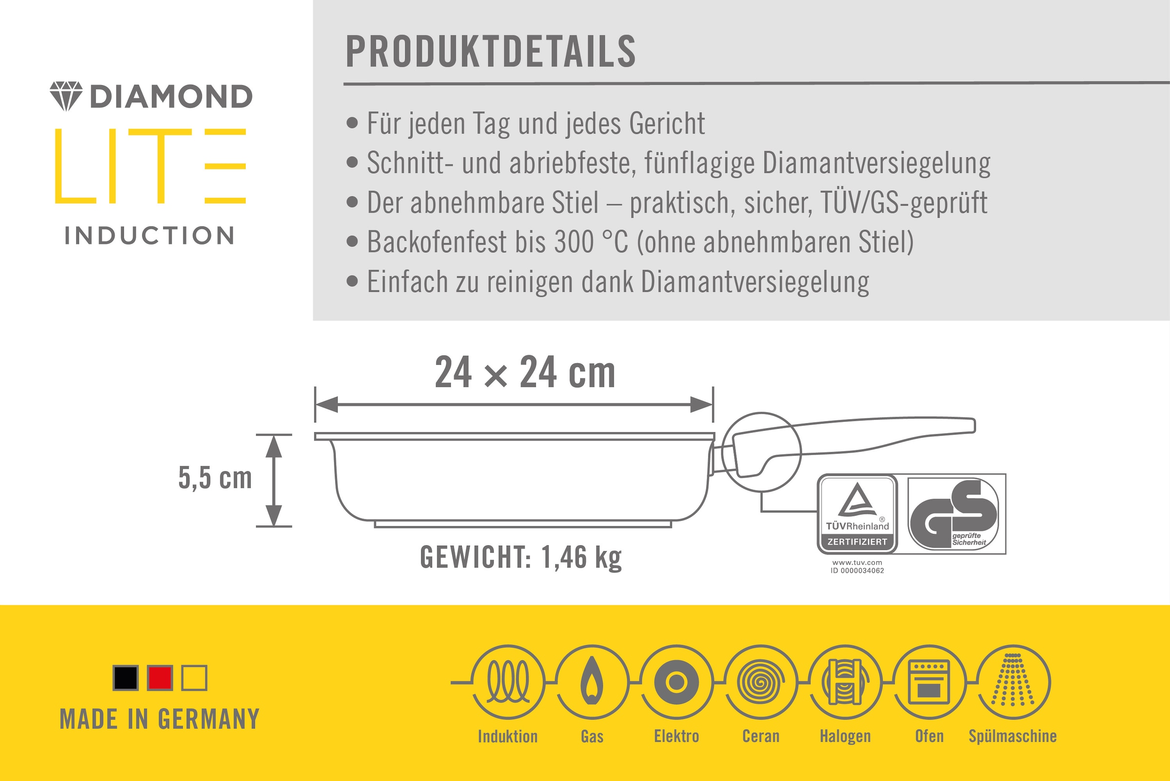 WOLL MADE IN GERMANY Pfannen-Set »Diamond Lite mit Deckel« Aluminiumguss Set, 4 Stk. tlg. Abnehmbarer Stiel, Antihaftbeschichtet