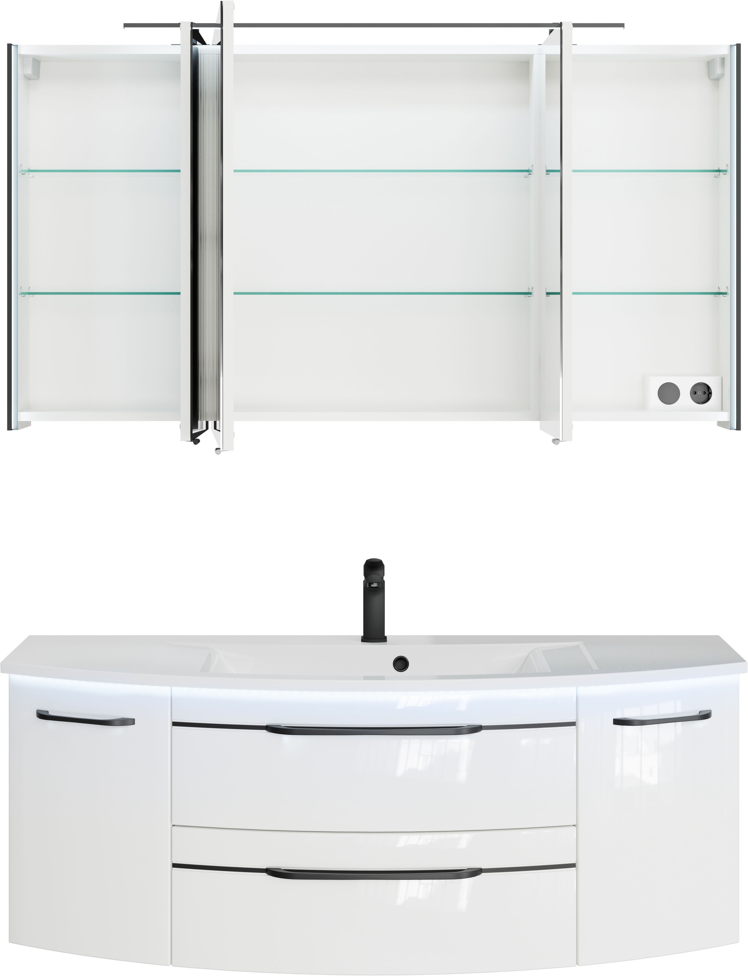 Saphir Badmöbel-Set »Serie 7045 2-teilig Mineralmarmor-Waschtisch mit LED-Spiegelschrank«, (Set, 2 St.), Badezimmer-Set 133,2 cm breit, inkl. Türdämpfer, 5 Türen, 2 Schubladen