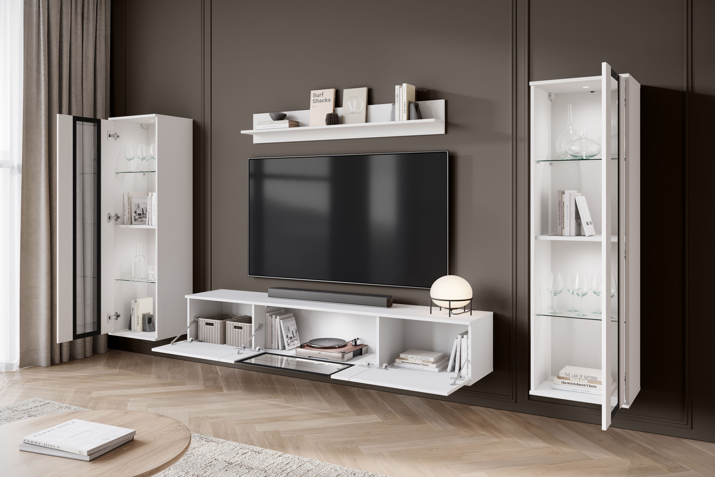 INOSIGN Wohnwand »Caro, stehend und hängend montierbar«, (Komplett-Set, 4 St., Vitrine Türanschlag links/rechts wechselbar), grifflose Design, höhenverstellbare Einlegeböden