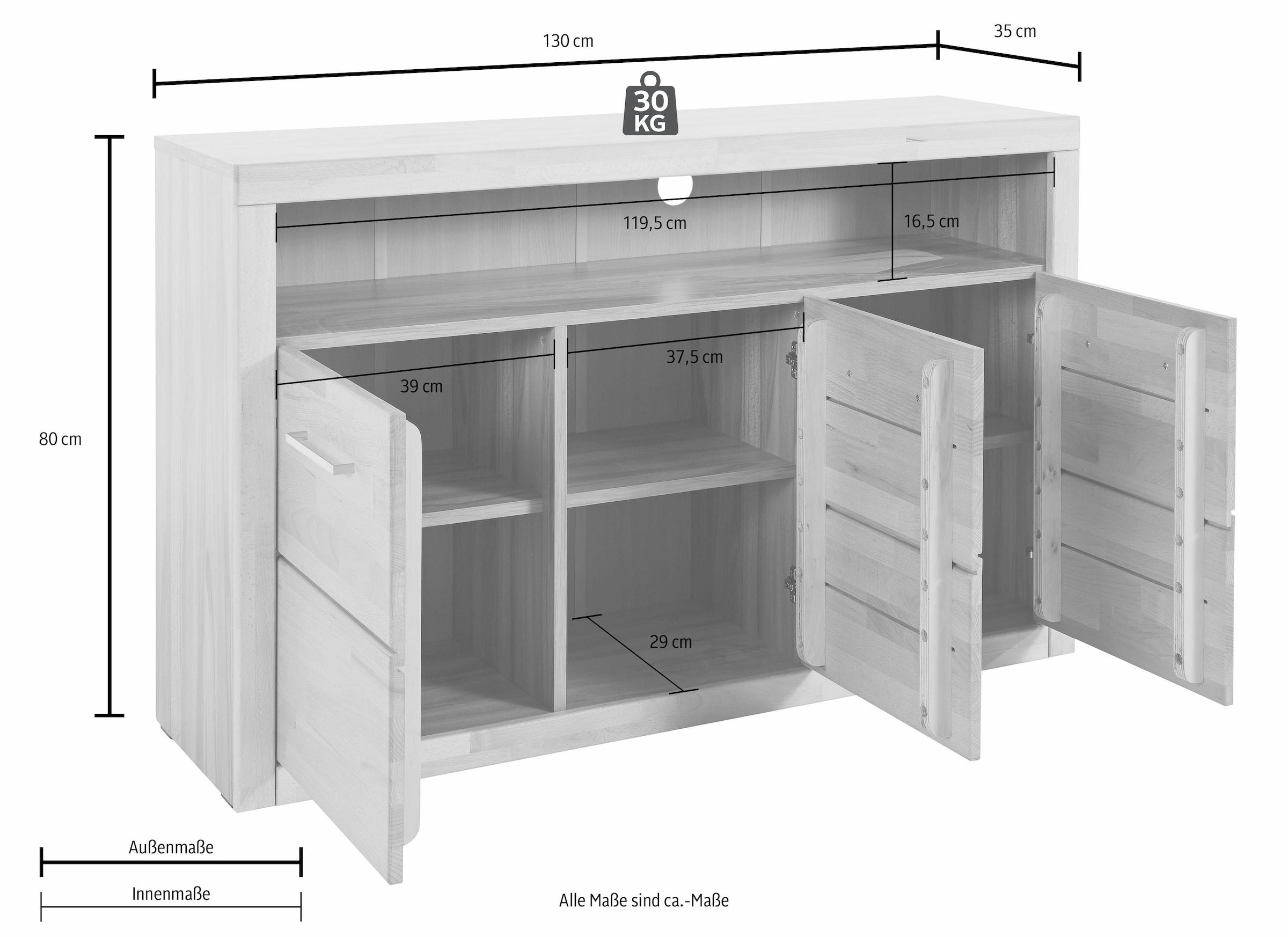 Home affaire Sideboard »Ribe,130cm breit, Fronten Massivholz,7 Fächer«, Holz massiv, Holzwerkstoff, Metall Griffe,3 Türen