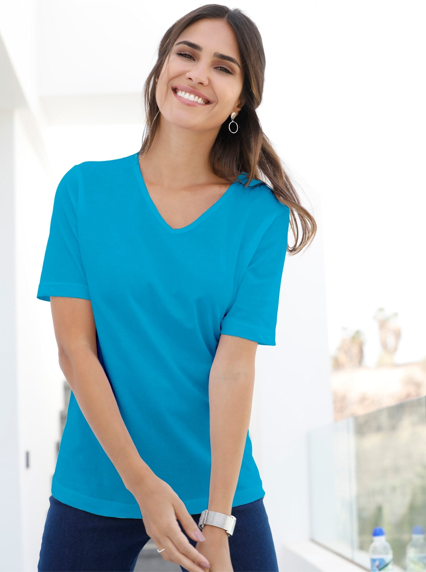 Kurzarmshirt CLASSIC BASICS "Shirt", Damen, Gr. 48, blau (türkis), 100% Baumwolle, unifarben, V-Ausschnitt, Shirts