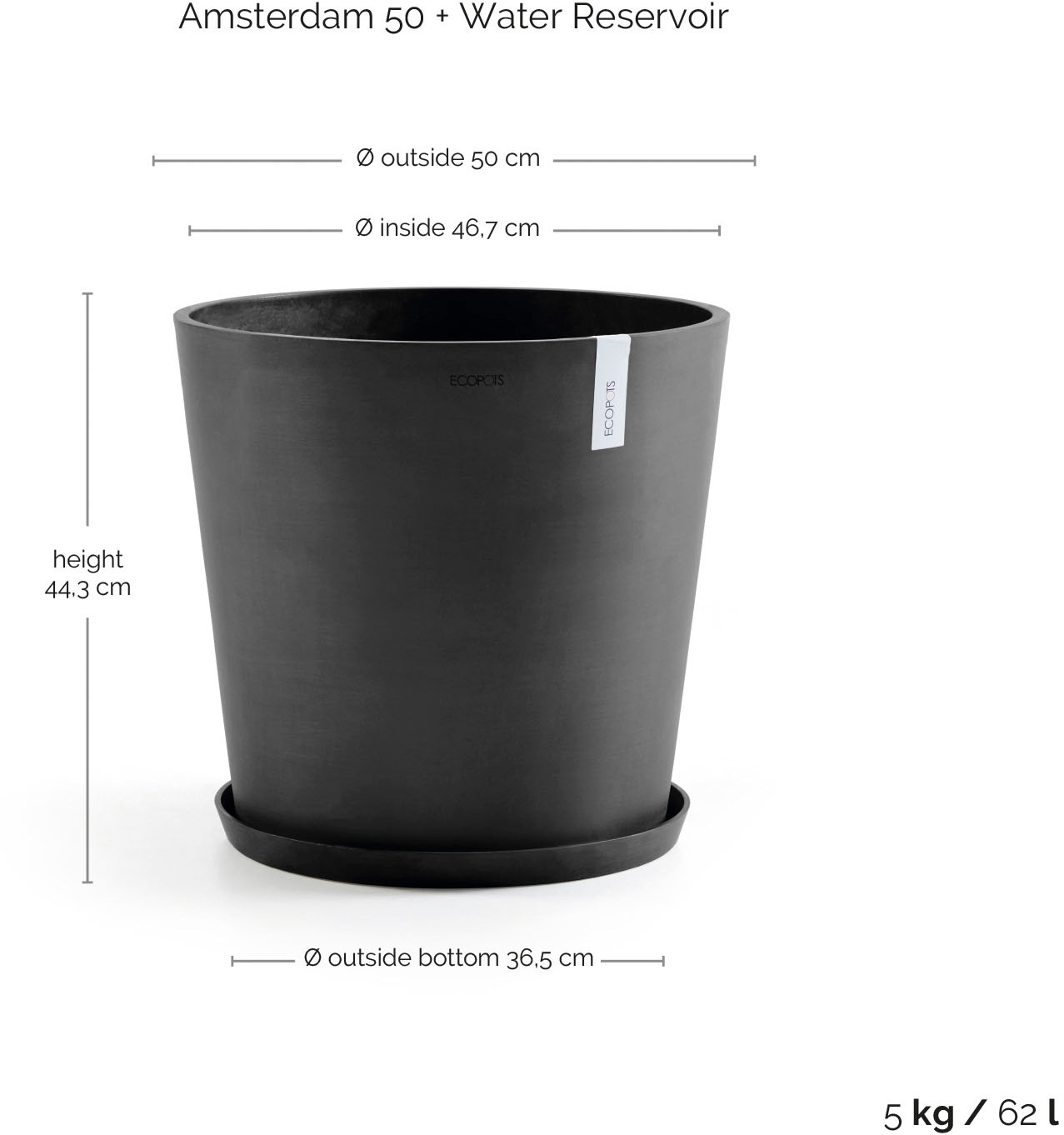 ECOPOTS Blumentopf »AMSTERDAM Dark Grey« BxTxH: 50x50x43,8 cm, mit Wasserreservoir