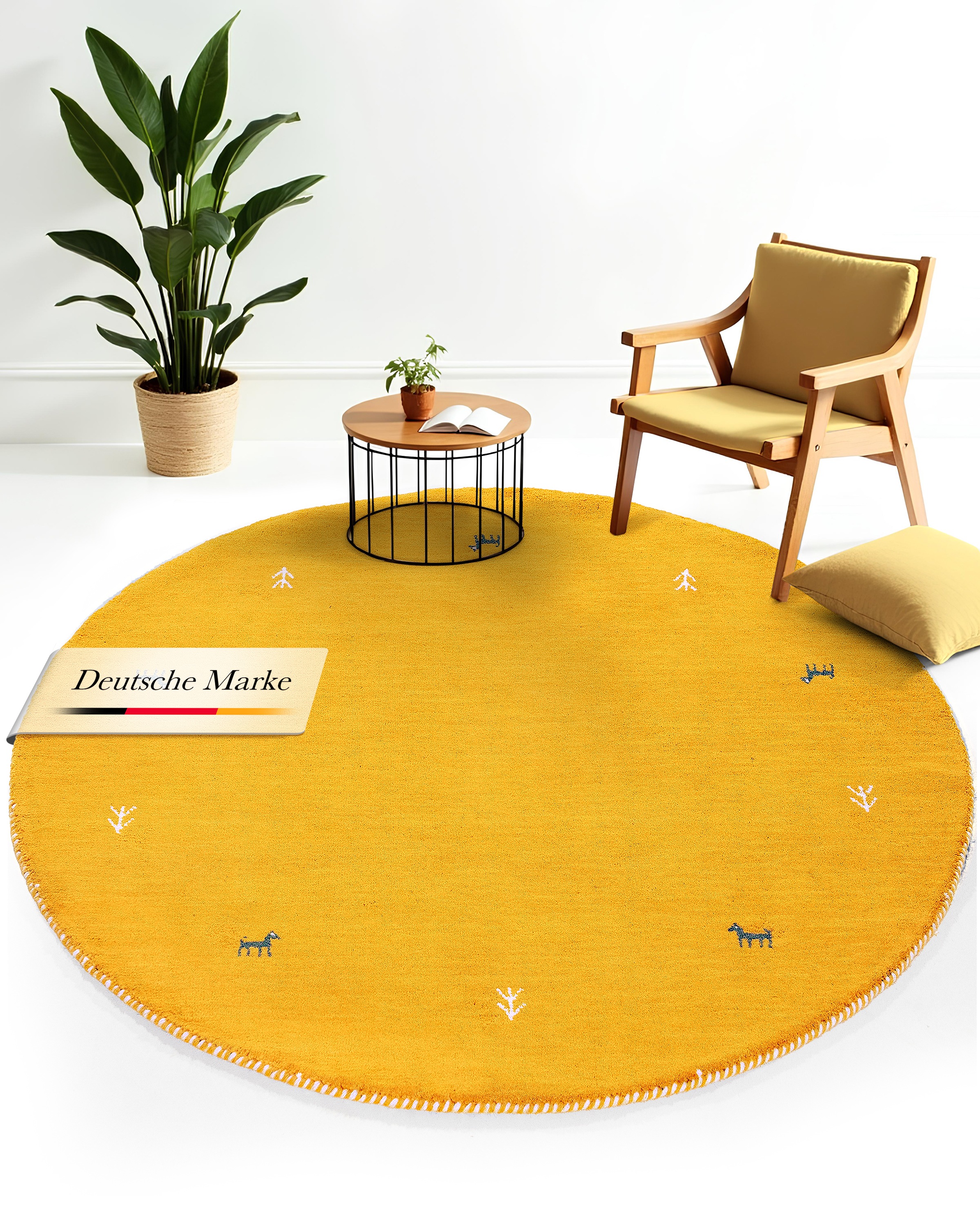 Wollteppich CARPETFINE "Gabbeh Uni", gelb, H:15mm Ø:200cm, Wolle, Teppiche, reine Wolle handgewebt, Gabbeh Tiermotiv warmes Raumklima viele Größen