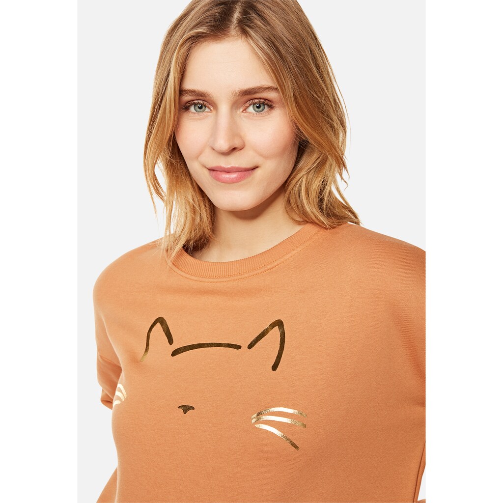 Damenmode Pullover Mavi Rundhalspullover »CAT PRINTED SWEATSHIRT«, Hochwertiger Folienprint mit Katzenmotiv braun