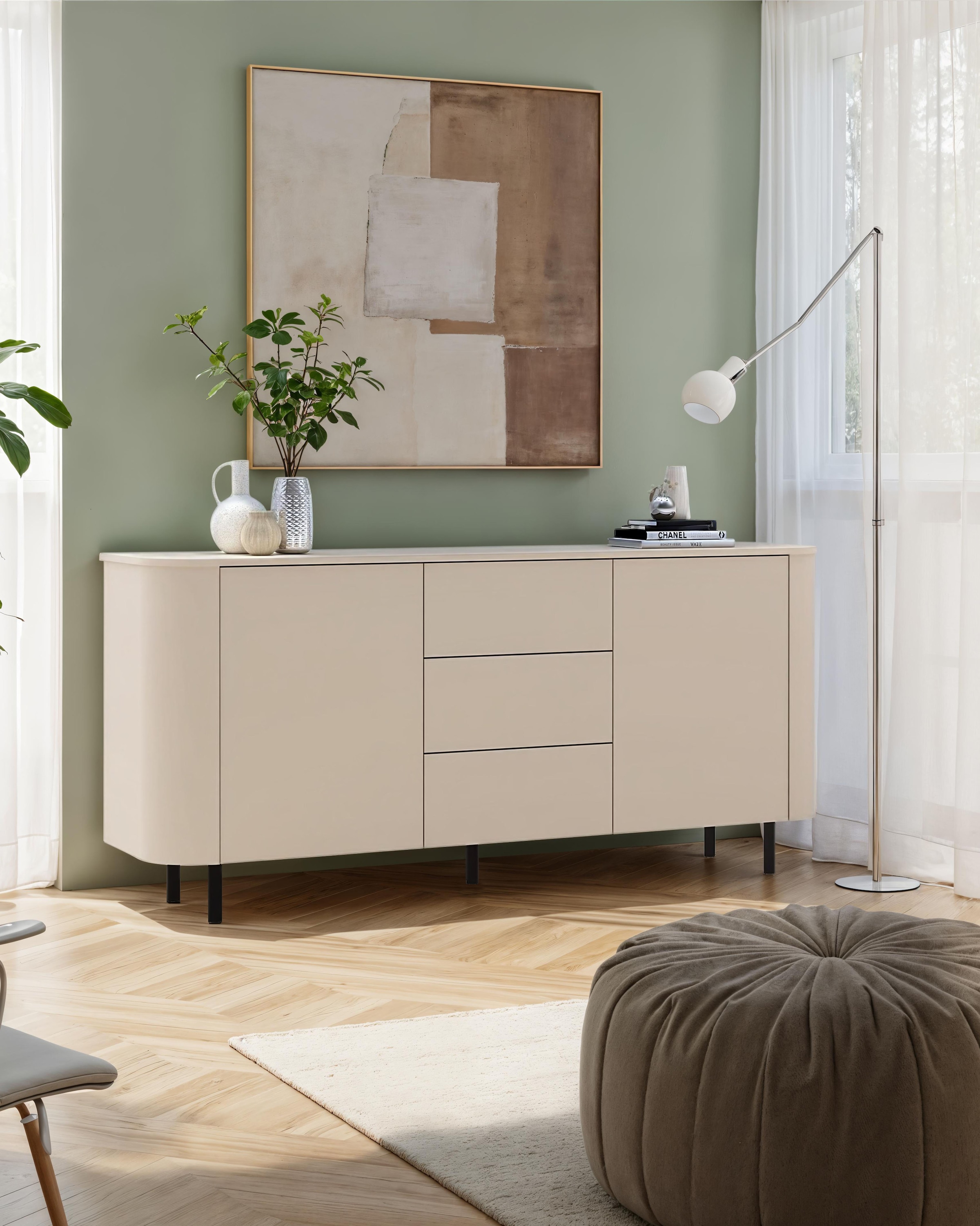 INOSIGN Sideboard »Lido, 181 cm breit, 2 Türen, 3 Schubkästen, Kommode, Stauraumschrank« Formgebogenes MDF, Stirnseiten mit Rundung, Push-to-open, Metallfüße