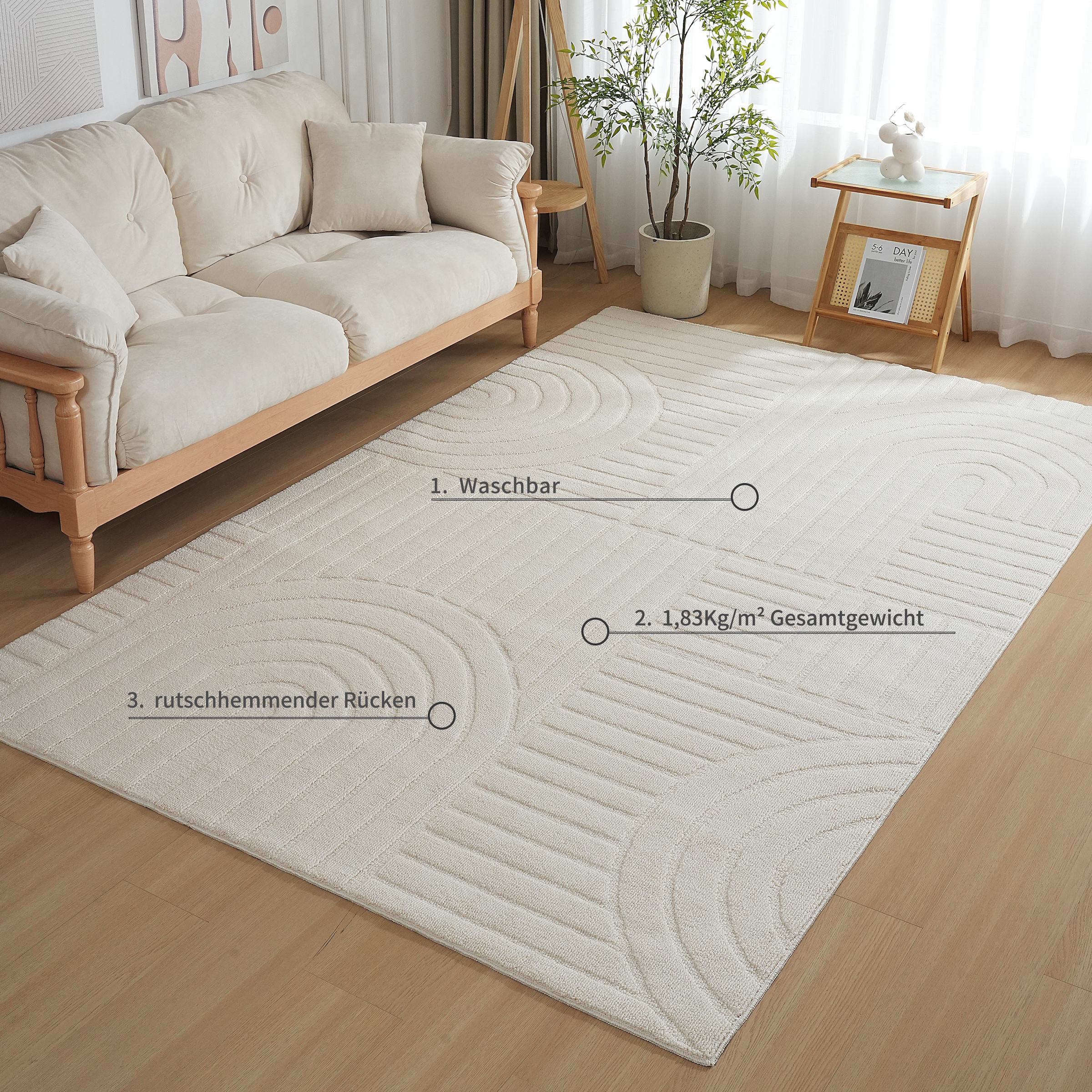 OTTO home Teppich »Neele, Boho-Design, Hoch-Tief, waschbar« rechteckig 12 mm Höhe 3D Optik, Skandinavisch, Designteppich, Wohnzimmer, Schlafzimmer