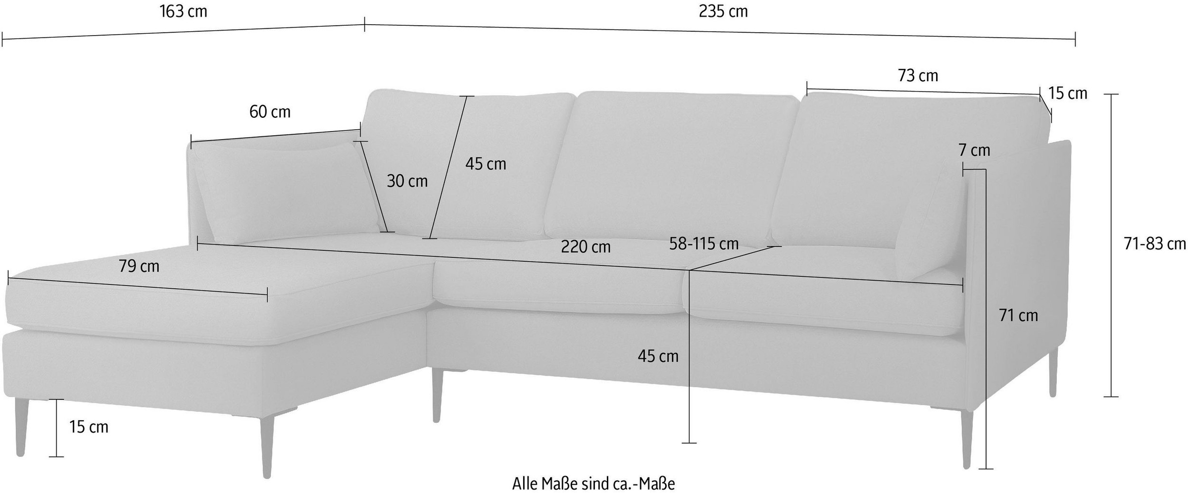 Leonique Ecksofa »Light L-Form«, inklusive loser Zierkissen, mit schmalen Armlehnen und Teleskopfüßen