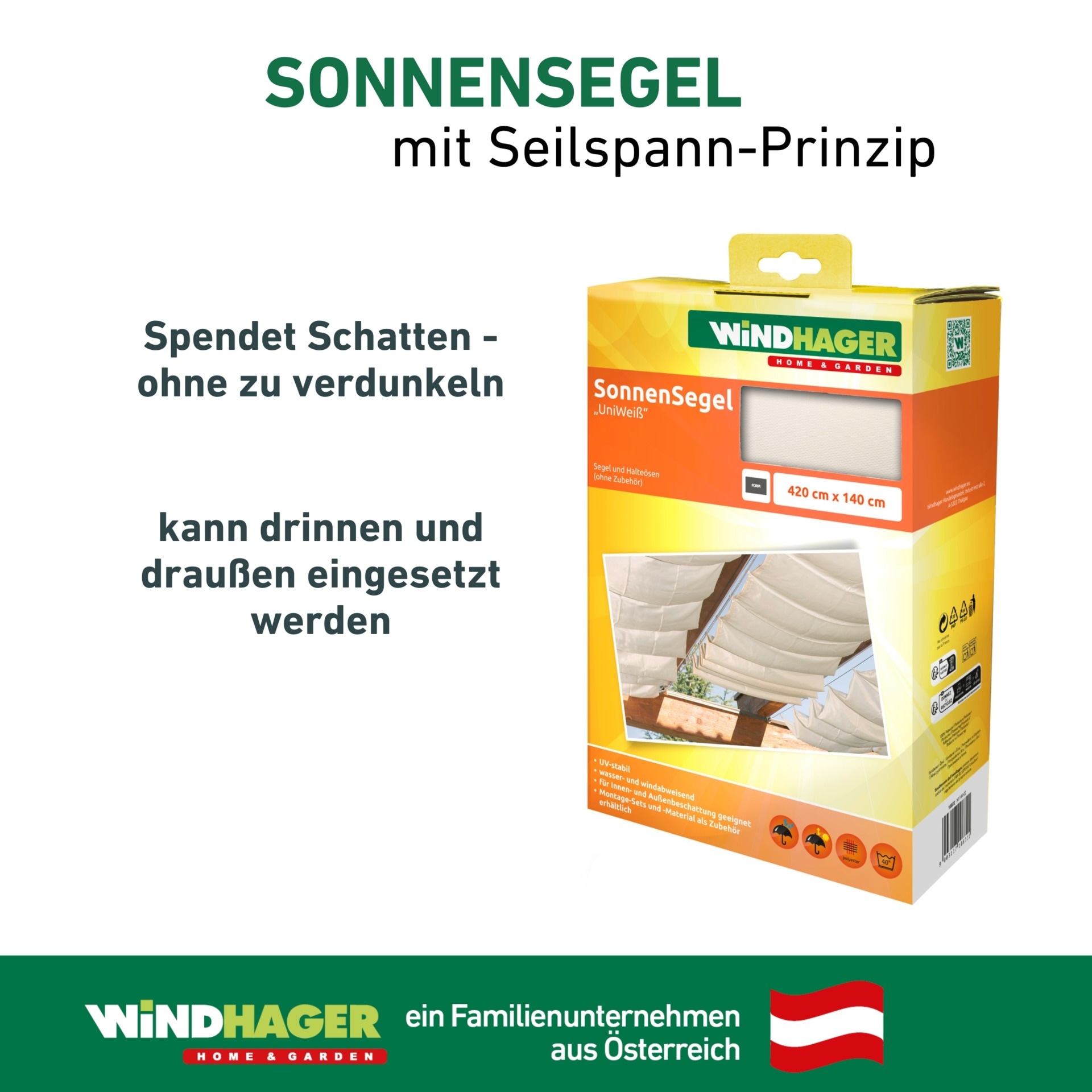 Windhager Sonnensegel für Seilspannmarkise, inklusive Laufhaken, 4,2x1,4 m