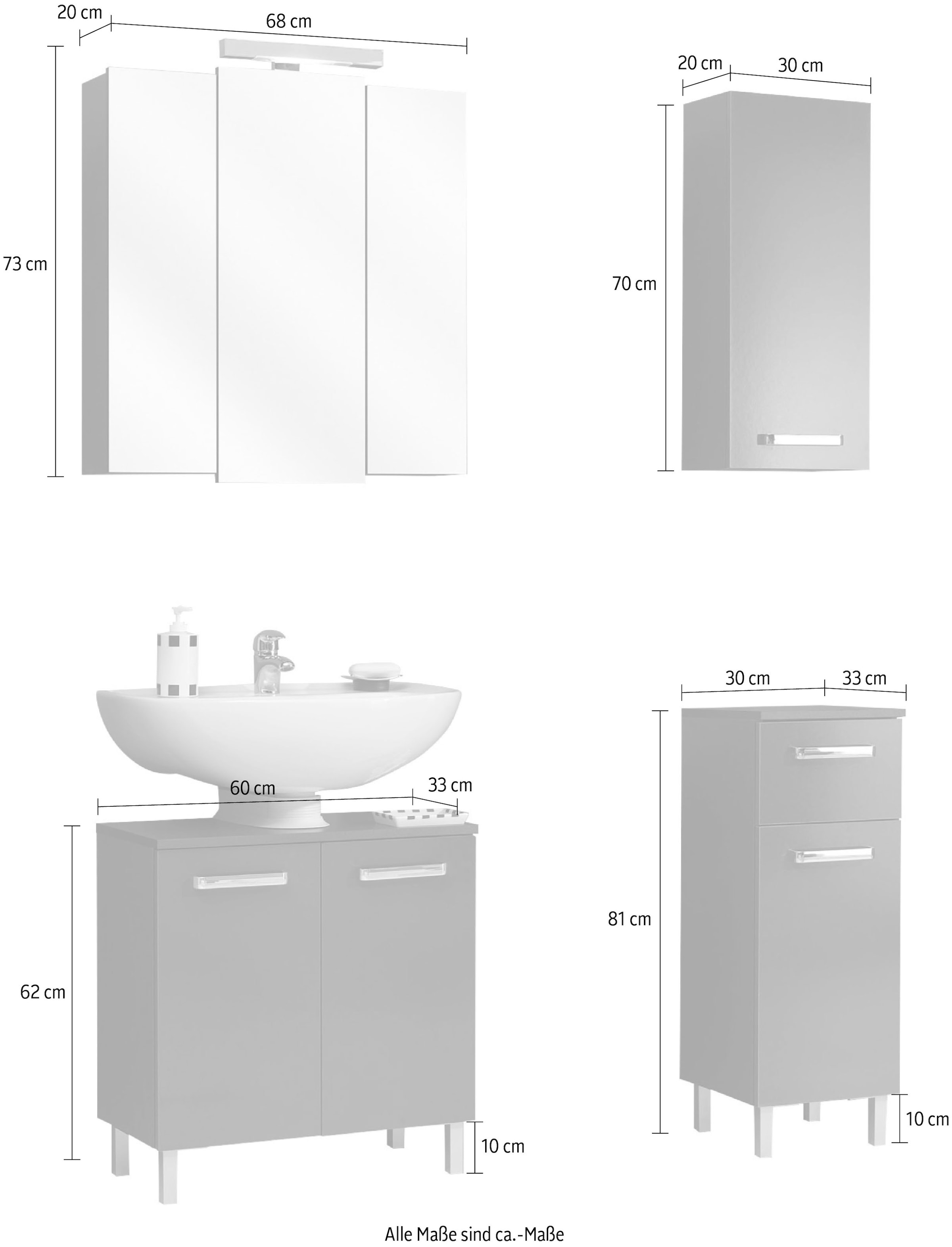 Saphir Badmöbel-Set »Quickset 4-teilig, Waschbeckenunterschrank mit LED-Spiegelschrank«, (4 St.), Unterschrank, Hängeschrank, inkl. Türdämpfer, Griffe Chrom Glanz