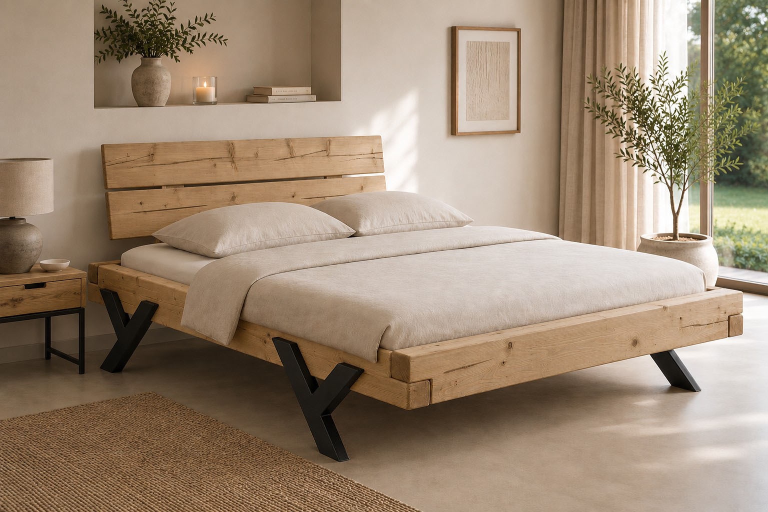 OTTO home Massivholzbett »Ultima Balkenbett Doppelbett, Füße aus Metall in Y-Form« hohe Belastbarkeit: 200kg je Seite,  FSC®-zertifizierte Wildeiche oder Fichte, viele Breiten zur Auswahl