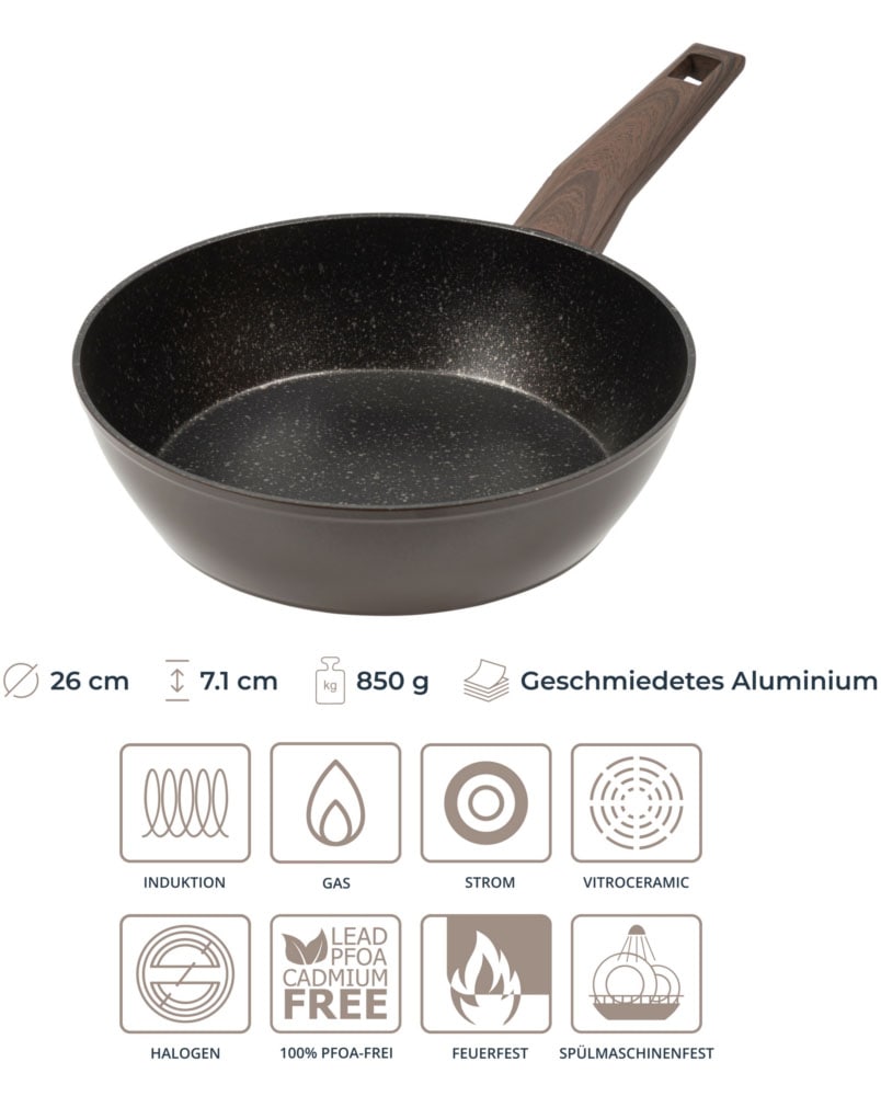 RESTO Kitchenware Bratpfanne »Carina, tiefe Schmorpfanne mit holzähnlichem Soft-Touch-Griff«, Aluminium, (1 tlg.), mit Marmor-Antihaftbeschichtung, 4-lagig, für alle Herdarten geeignet