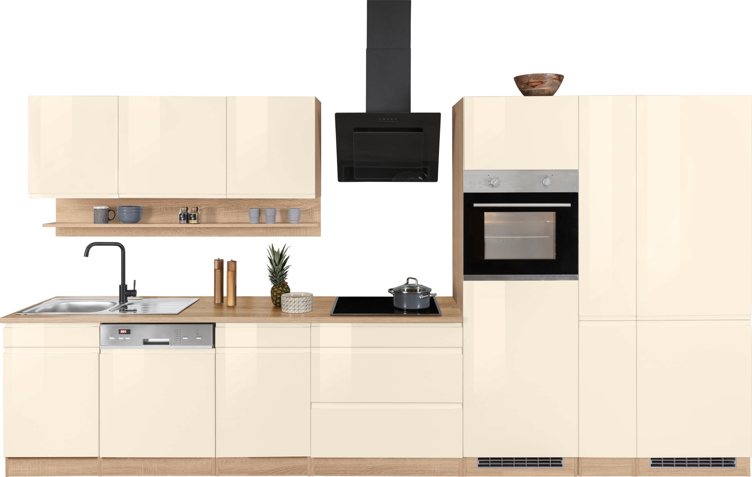 Küchenzeile KOCHSTATION, B:390cm T:60cm, beige, Komplettküchen-Sets, "KS-Virginia", Breite 390 cm, mit Glaskeramik-oder Induktionskochfeld