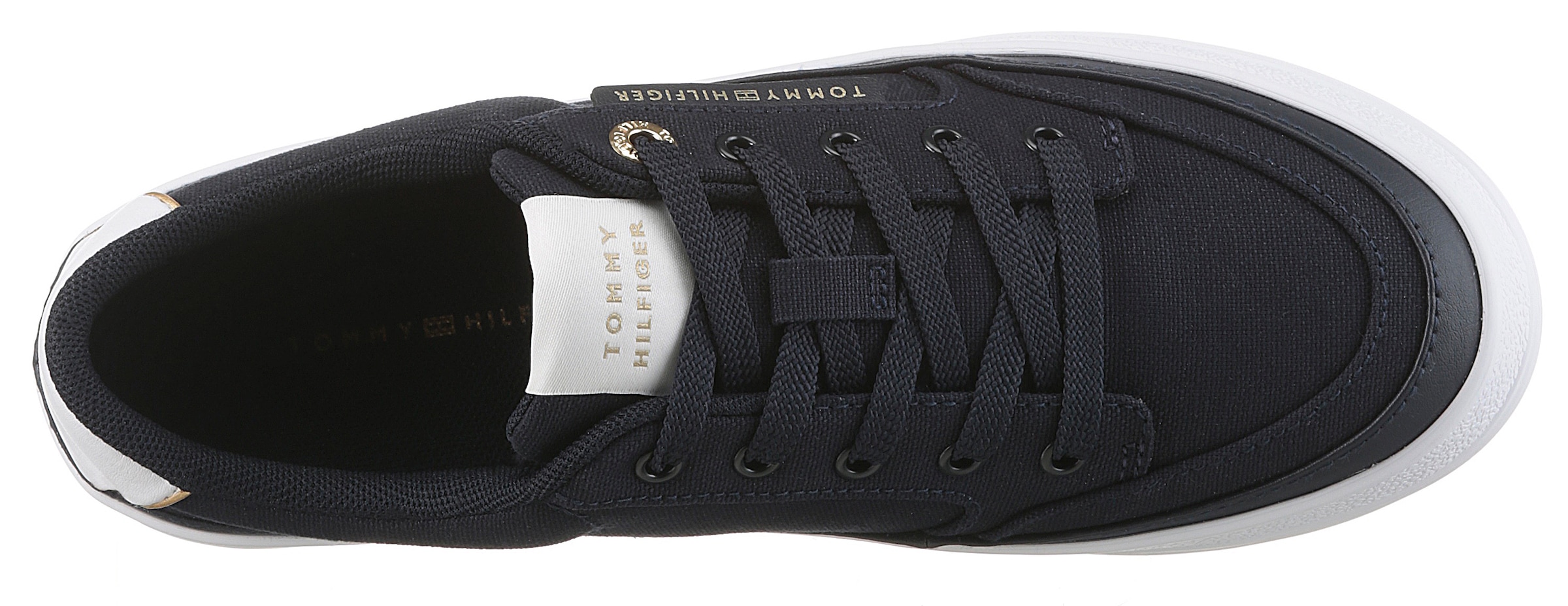 Tommy Hilfiger Plateausneaker »ESSENTIAL VULC TEXTILE SNEAKER«, Freizeitschuh, Halbschuh, Schnürschuh mit goldfarbenen Details