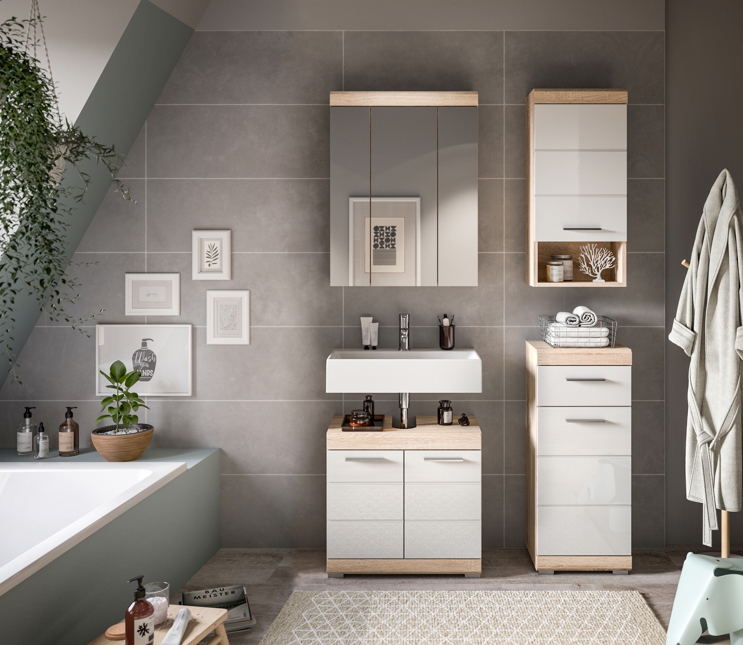 INOSIGN Badmöbel-Set »Siena, 4 teilig, bestehend aus:«, (Set, 4 St.), Waschbeckenunterschrank, Spiegelschrank, Unterschrank, Hängeschrank