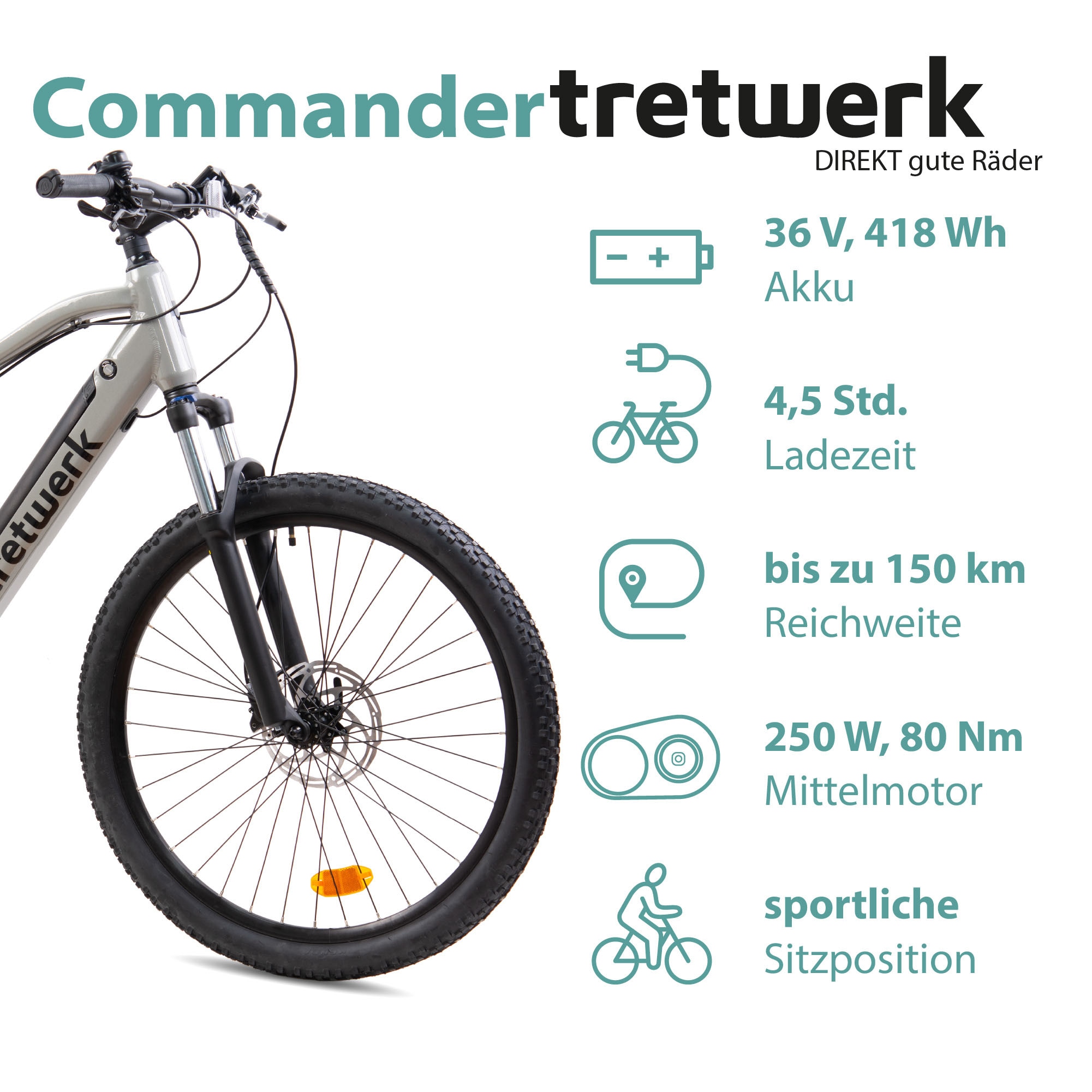 Tretwerk E-Bike »Commander«, 9 Gang, Shimano, Altus M2000, Mittelmotor 250 W, Pedelec, Elektrofahrrad für Damen u. Herren, MTB