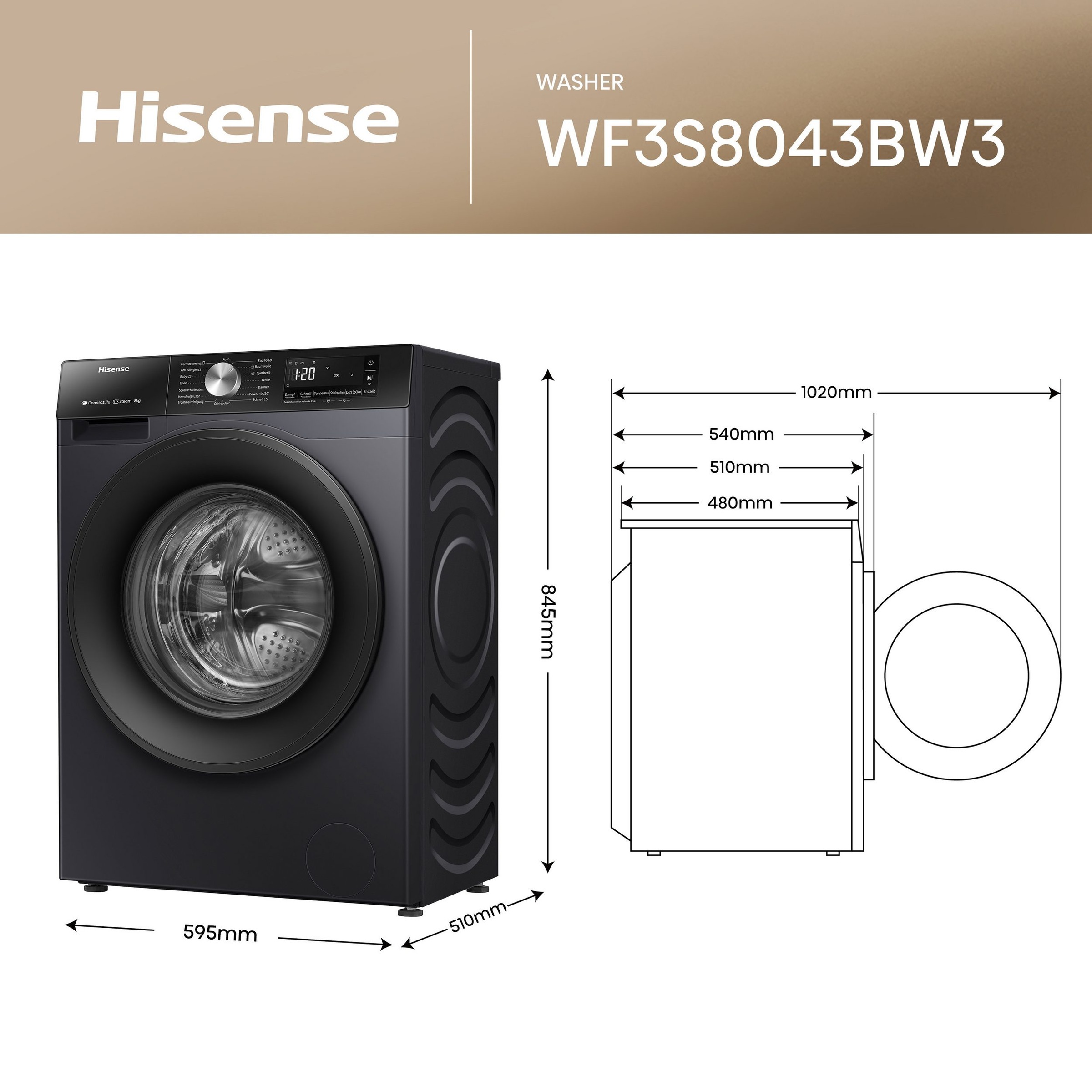 Hisense Waschmaschine 3S Serie »WF3S8043BB3« 8 kg 1400 U/min Wifi-ConnectLife