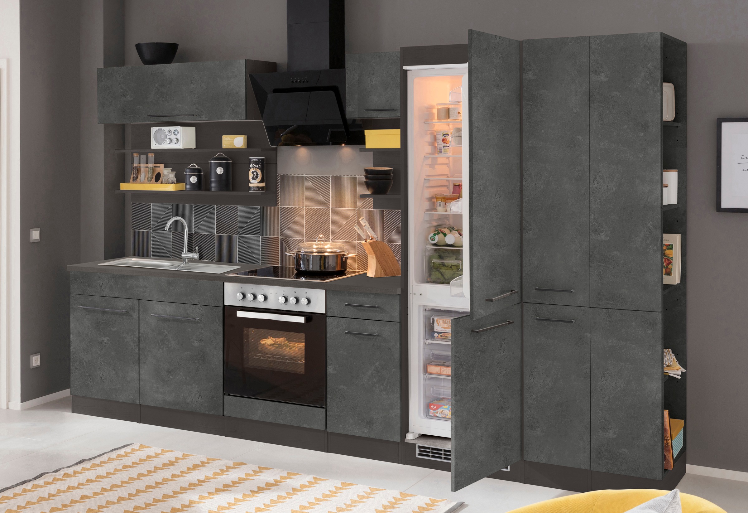 KOCHSTATION Küchenzeile »KS-Tulsa«, mit E-Geräten, Breite 300 cm, schwarze Metallgriffe, MDF Fronten