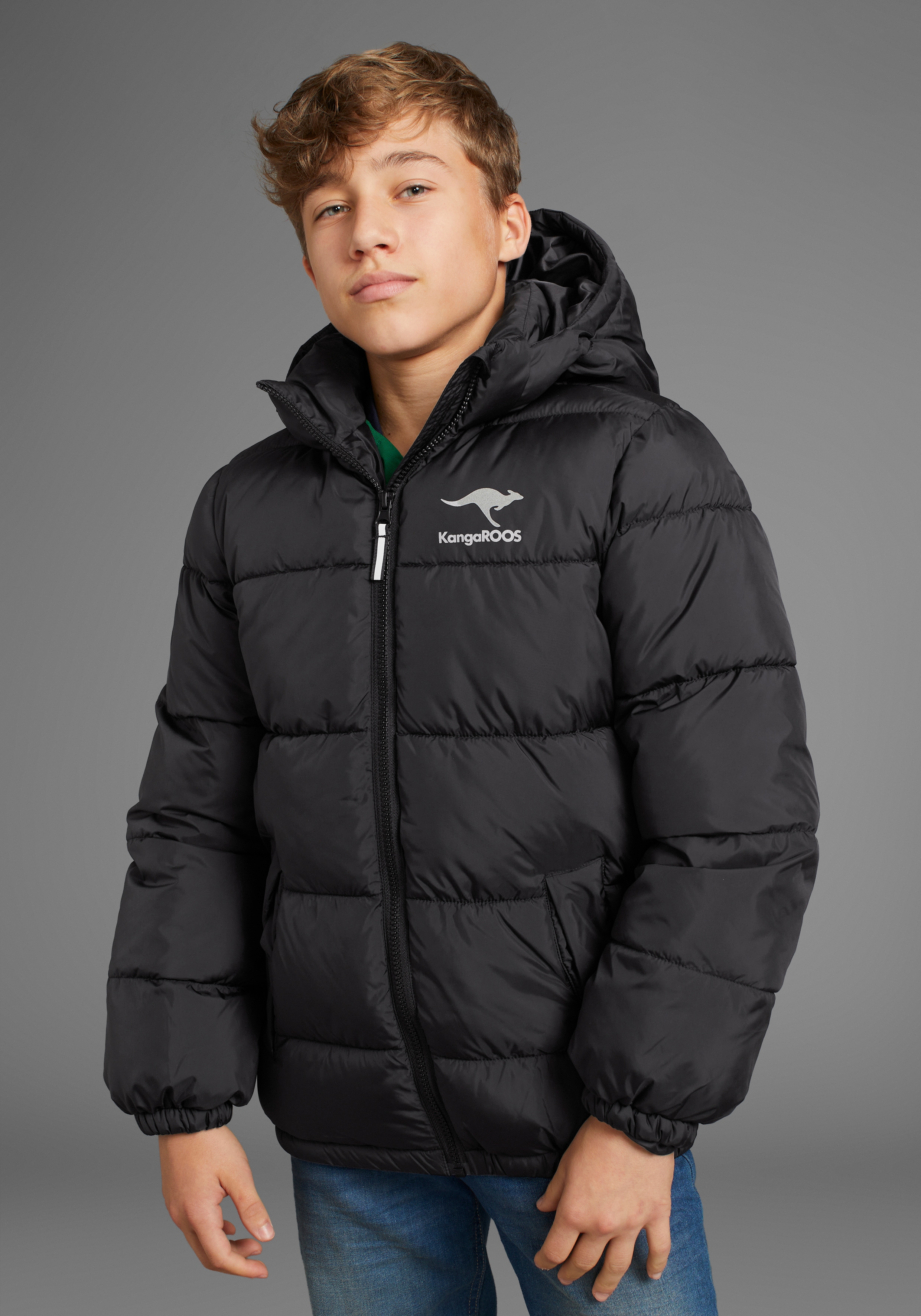 KANGAROOS Jungen Winterjacke "Outdoor Steppjacke", schwarz, Gr. 152, bedruckt, Web, Obermaterial: 100% Polyester. Futter: 100% Polyester. Wattierung: