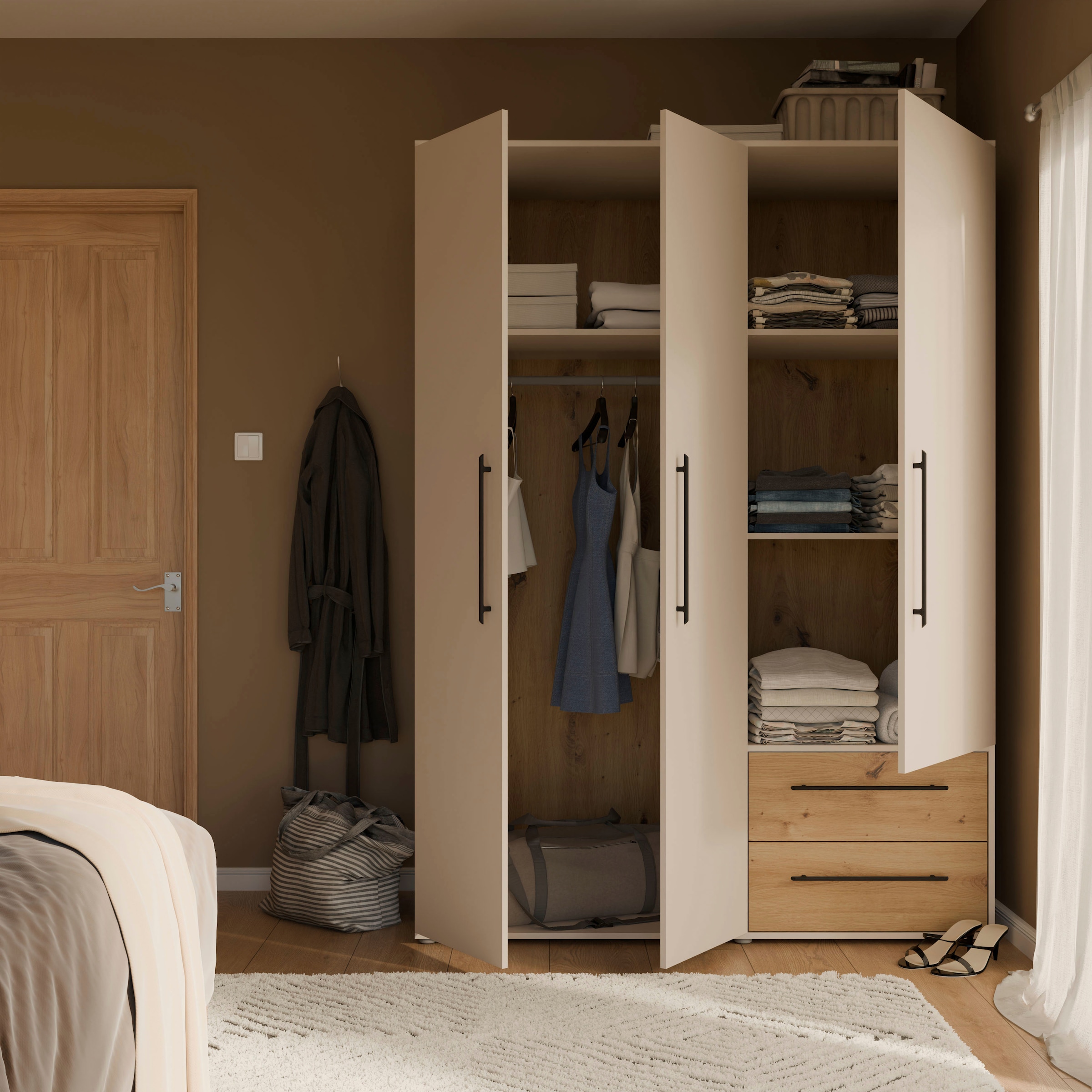 FORTE Kleiderschrank »Mokkaris , zeitloses Design, 3–4 Türen, Made in Europe« B/H/T ca. 145x200x59cm oder 206x200x59cm,  Schubladen + schwarze Stangengriffe, Made in Europe, viel Stauraum