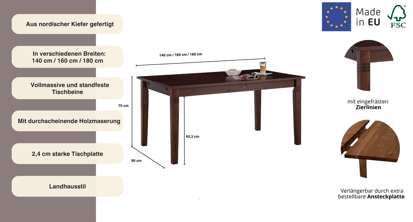 Thumbnail - Home affaire Esstisch "Danuta" wahlweise mit Schublade, aus massiver Kiefer, FSC-zertifiziert
